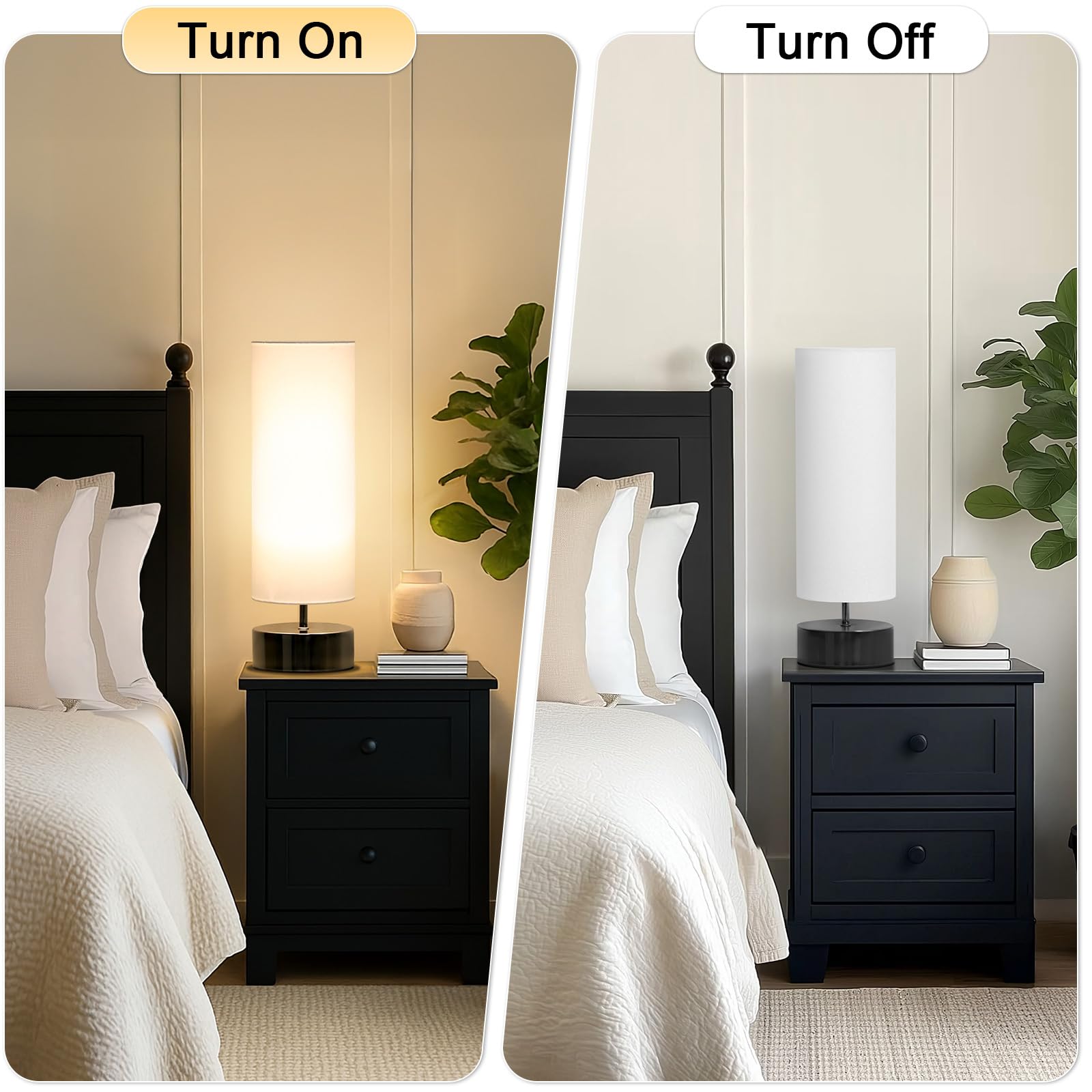 Seaside Village Touch Table Lamp, 3-Way Dimmable Modern Minimalist Accent Bedside Lamp With Cylinder Fabric Shade, Night Light Nightstand Desk Lamp For Bedroom Living Room Kitchen, 9W Led Bulb Included