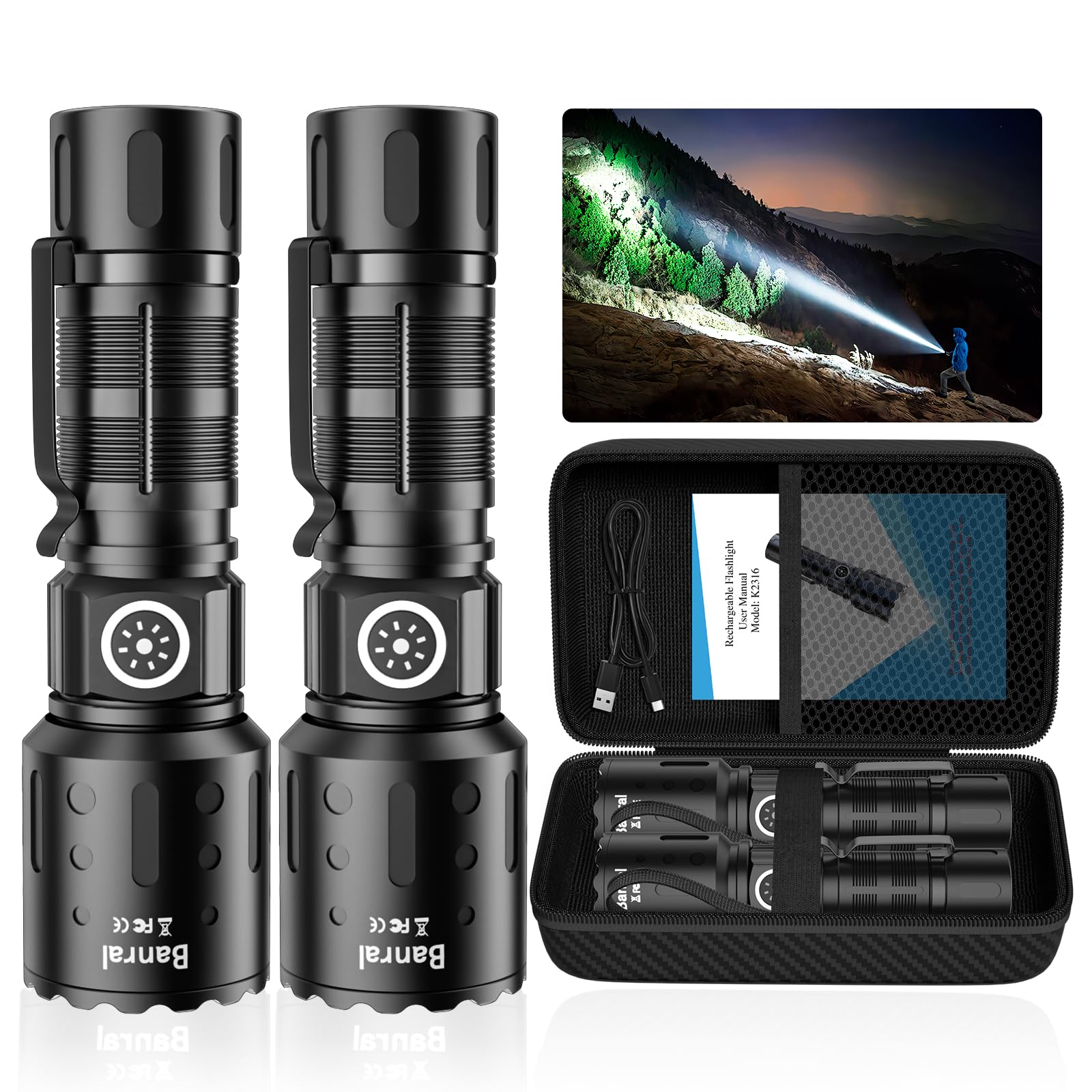 Banral Rechargeable Flashlights 20,000 High Lumens, 1500M Long Throw Super Bright Led Small Powerful Tactical Flashlight With Memory Function, 6Modes Pocket Waterproof Flash Light For Camping,Emergency