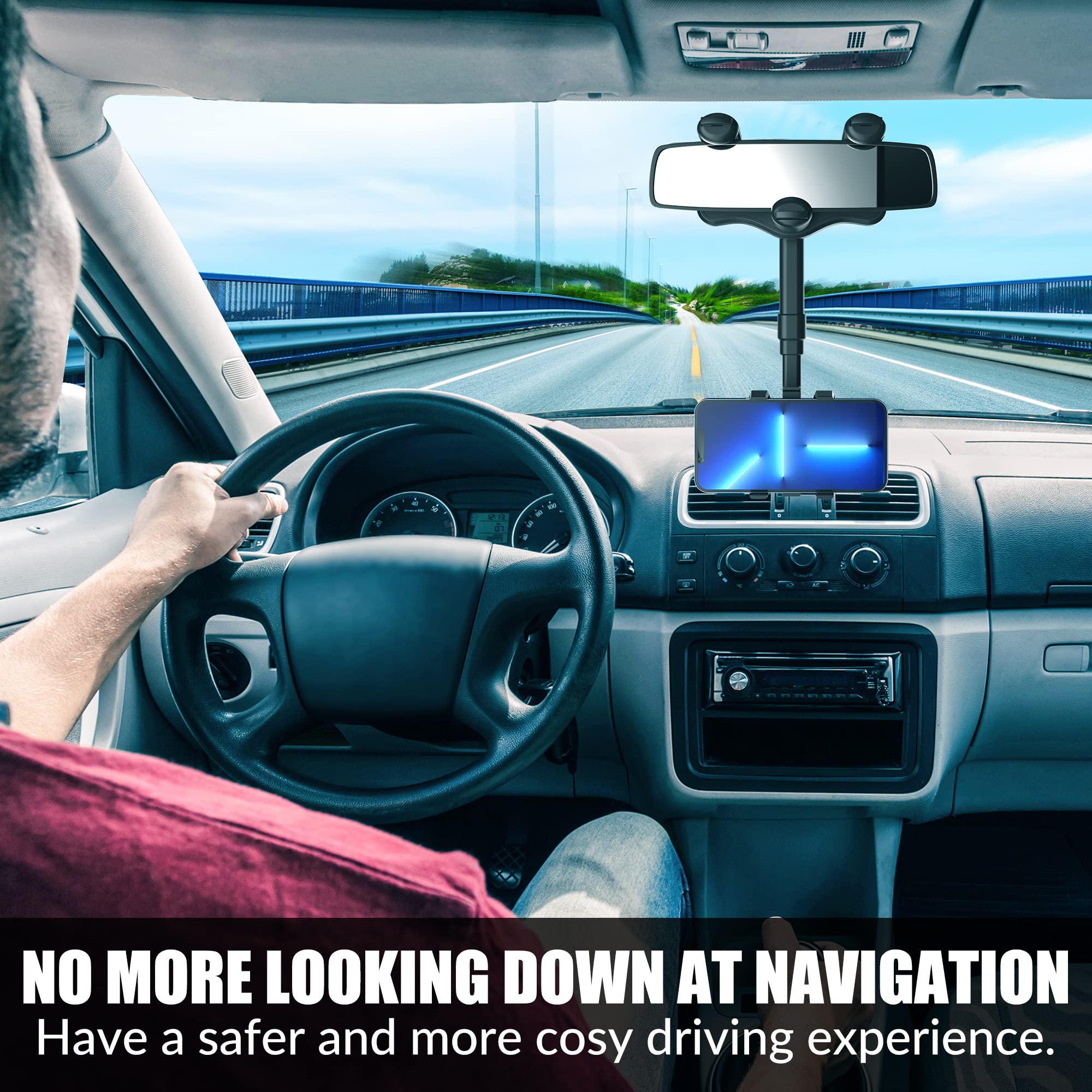 Sxhyf Rear View Mirror Phone Holder,  Rotatable And Retractable, Universal Mount, Cell Car Fit For Iphone 11 12 13 14 Pro Max Samsung All Phone