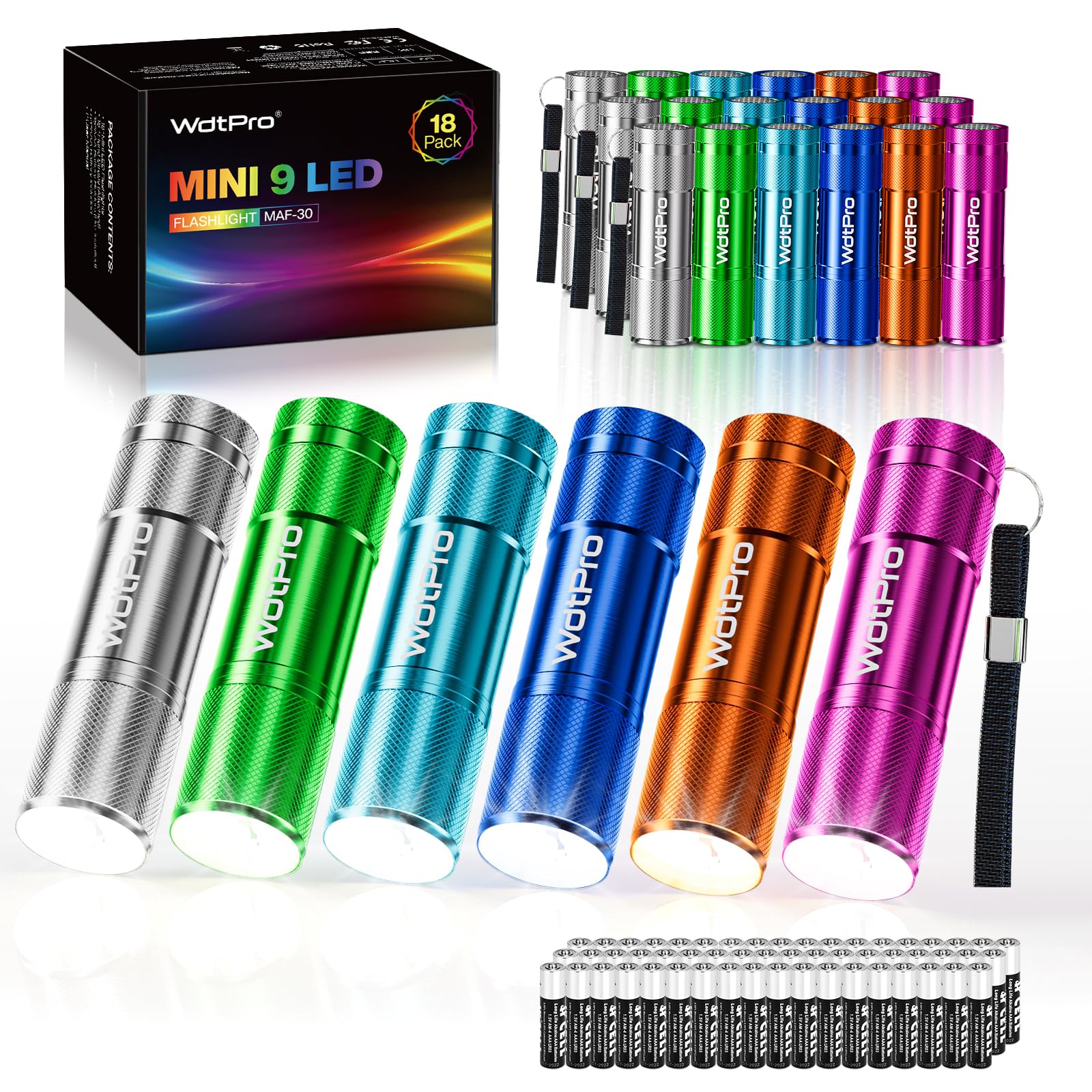 Wdtpro Led Mini Flashlights 18 Pack, Aluminum Bright Flash Light With Lanyard, Assorted Colors, Small Flashlight For Home, Power Outage, Kids Reading, Camping, Party,  With Batteries