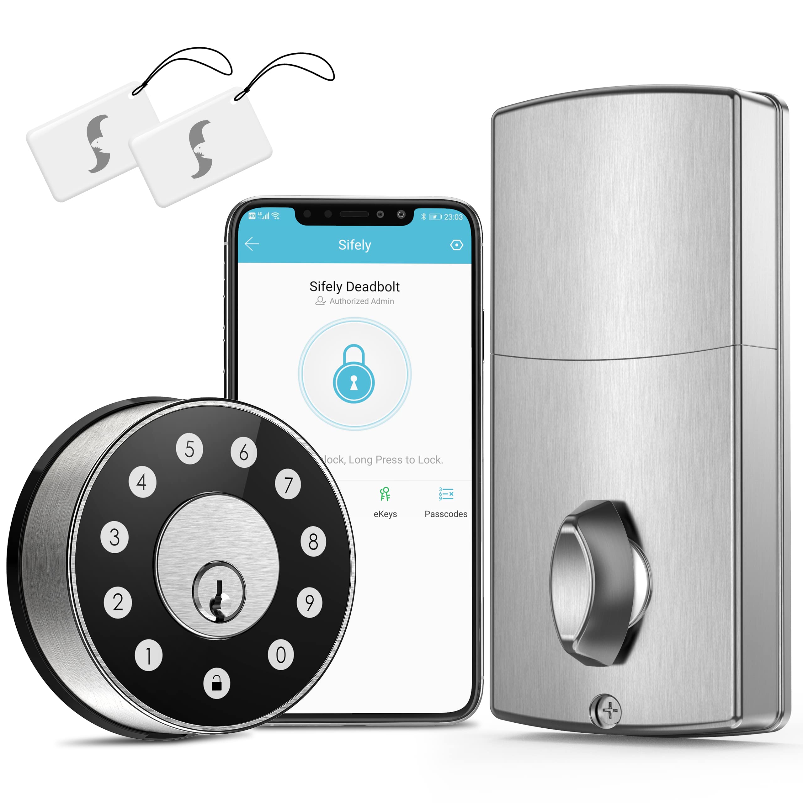 Sifely Keyless Deadbolt Smart Door Lock: Digital Keyless Entry Door Lock For Front Door, Code & Fob Access, App Control, Auto Lock, Easy To Install (Silver)