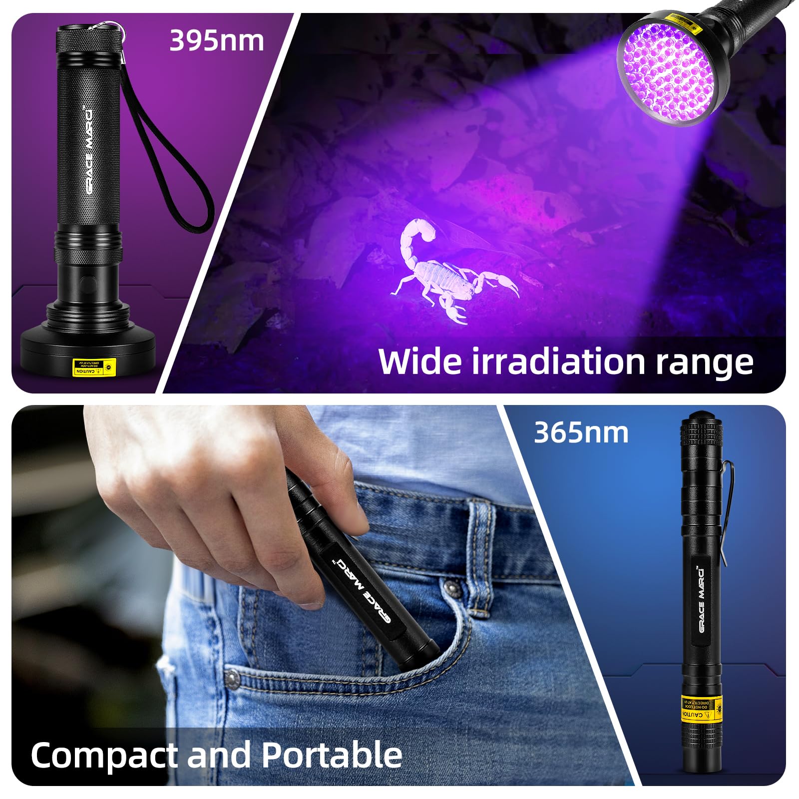 Grace Marci Uv Flashlight 2 Pack, 100 Led 395Nm Black Light And 3W Mini 365Nm Uv Pen Flashlight, Pet Urine Detector For Dog/Cat Urine, Dry Stain, Bed Bug, Scorpion (Battery Include) (100 Led/3W Pen Flashlight)
