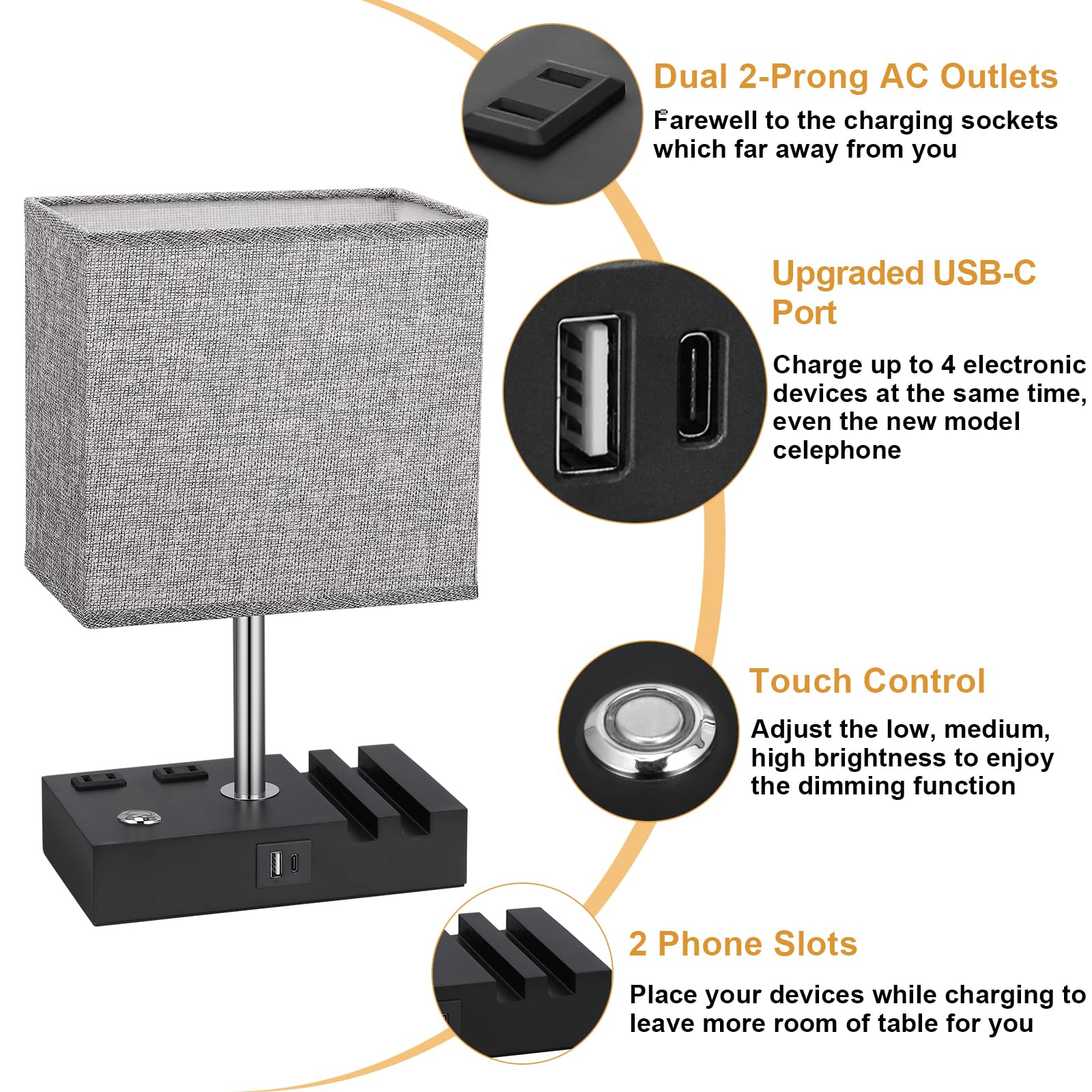 Kakanuo Nightstand Lamp For Bedroom With Dual Usb Ports, Grey Touch Control Bedside Table Lamp With Charging Outlets And Phone Stands, 3-Way Dimmable Desk Lamp For Living Room, Led Bulb Included