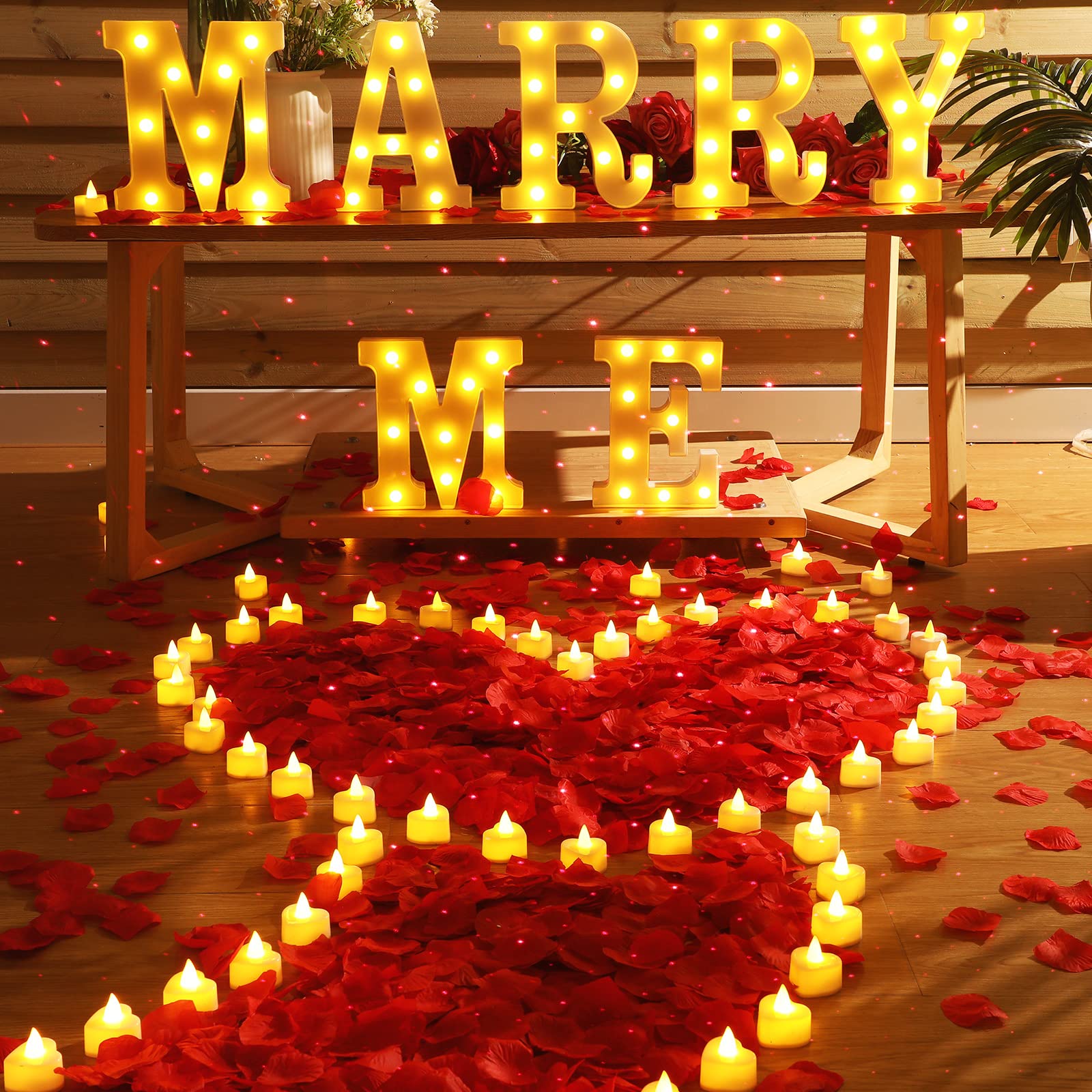 Fumete Marry Me Letter Lights, Night Light Decoration With 4000 Pcs Rose Petals, 72 Pcs Romantic Candles, Usb Powered For Valentine Engagement Wedding(Red)