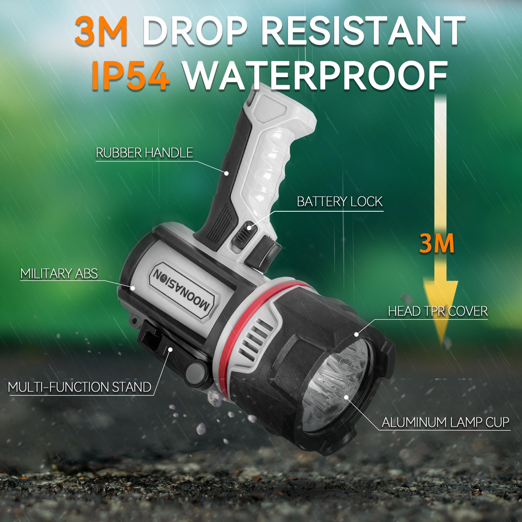 Moonasion Rechargeable Spotlight Flashlight, 3Led Bright 1500,000 Lumens 24H Long Lasting Handheld Spot Light With Solar Panels, Led Spotlight For Hunting Boating