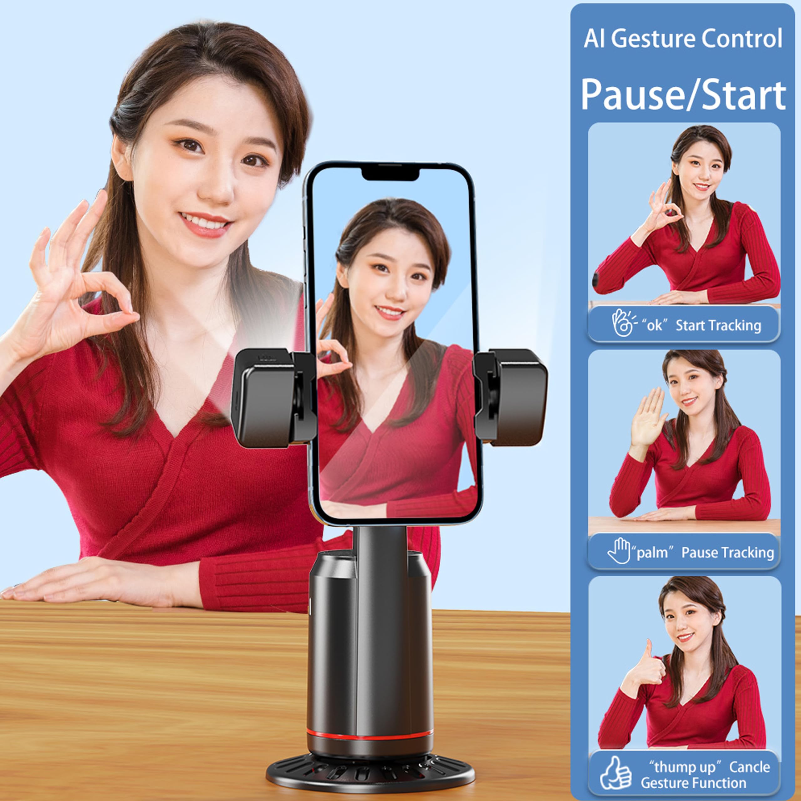 Mqouny Auto Face Tracking Phone Holder, 360° Rotation Face Body Phone Tripod Smart Shooting Camera Mount With Rechargeable Remote And Light For Live Vlog Streaming Video, Rechargeable