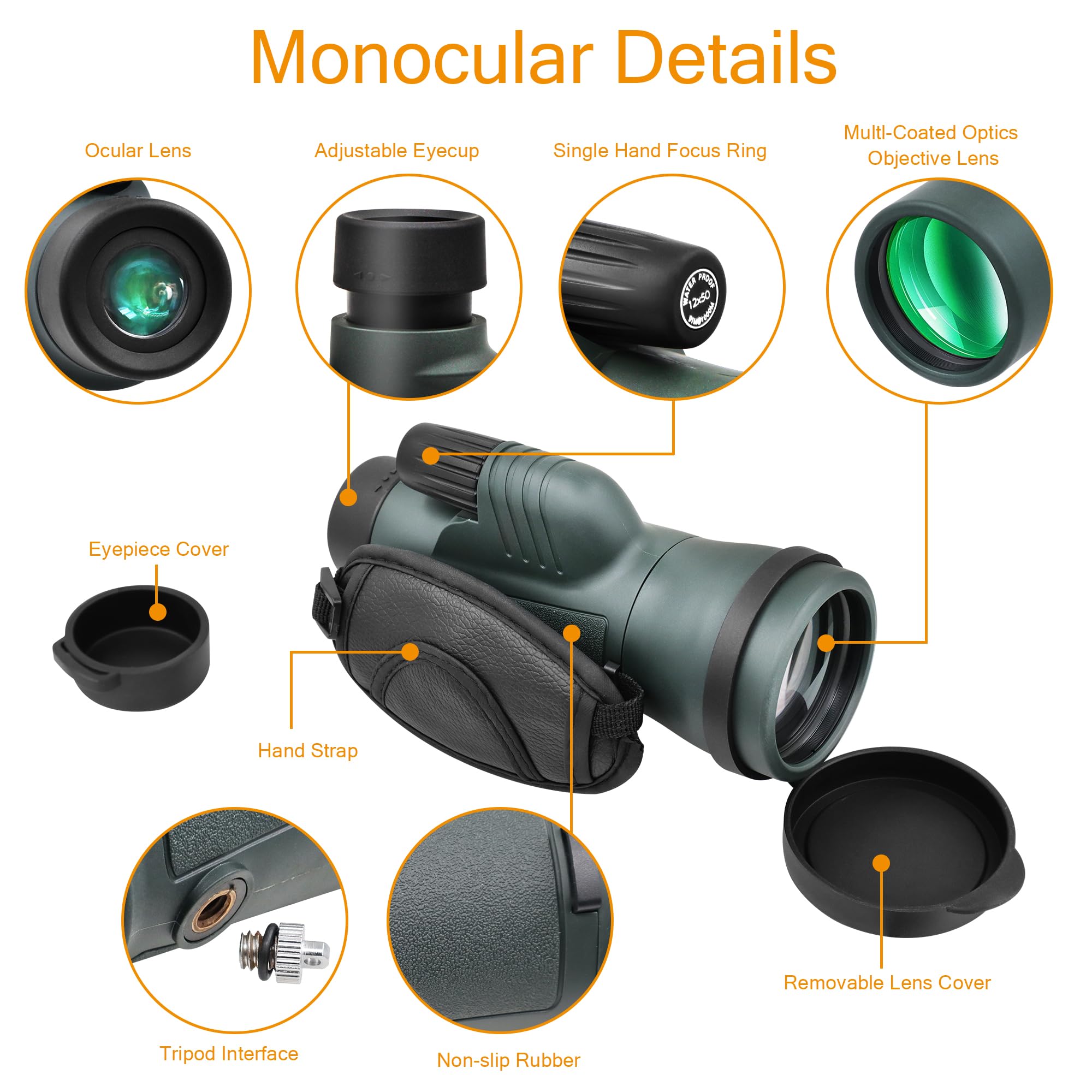 Astromania 12X50 Bak4 High Power Prism Monoculars, Waterproof, Compact Handheld Monoscope For Bird Watching, Sporting Events, Traveling  For Men
