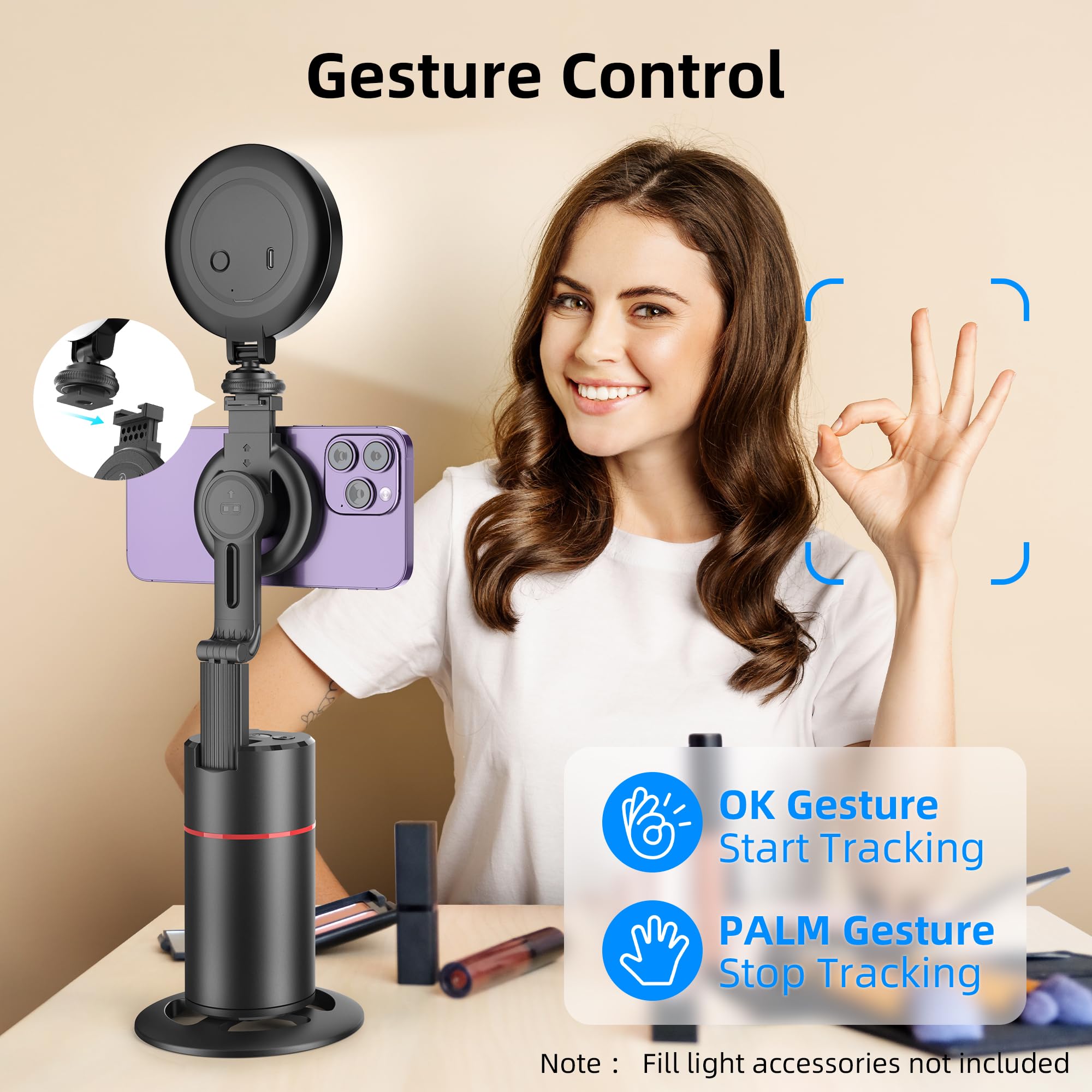 Qirita Auto Face Tracking Phone Holder, Magnetic Face Tracking Tripod 360 Rotation With Stand & Remote, Face Body Phone Tracking Tripod, No App, Smart Shooting Camera Mount For Live Video Recording Tiktok