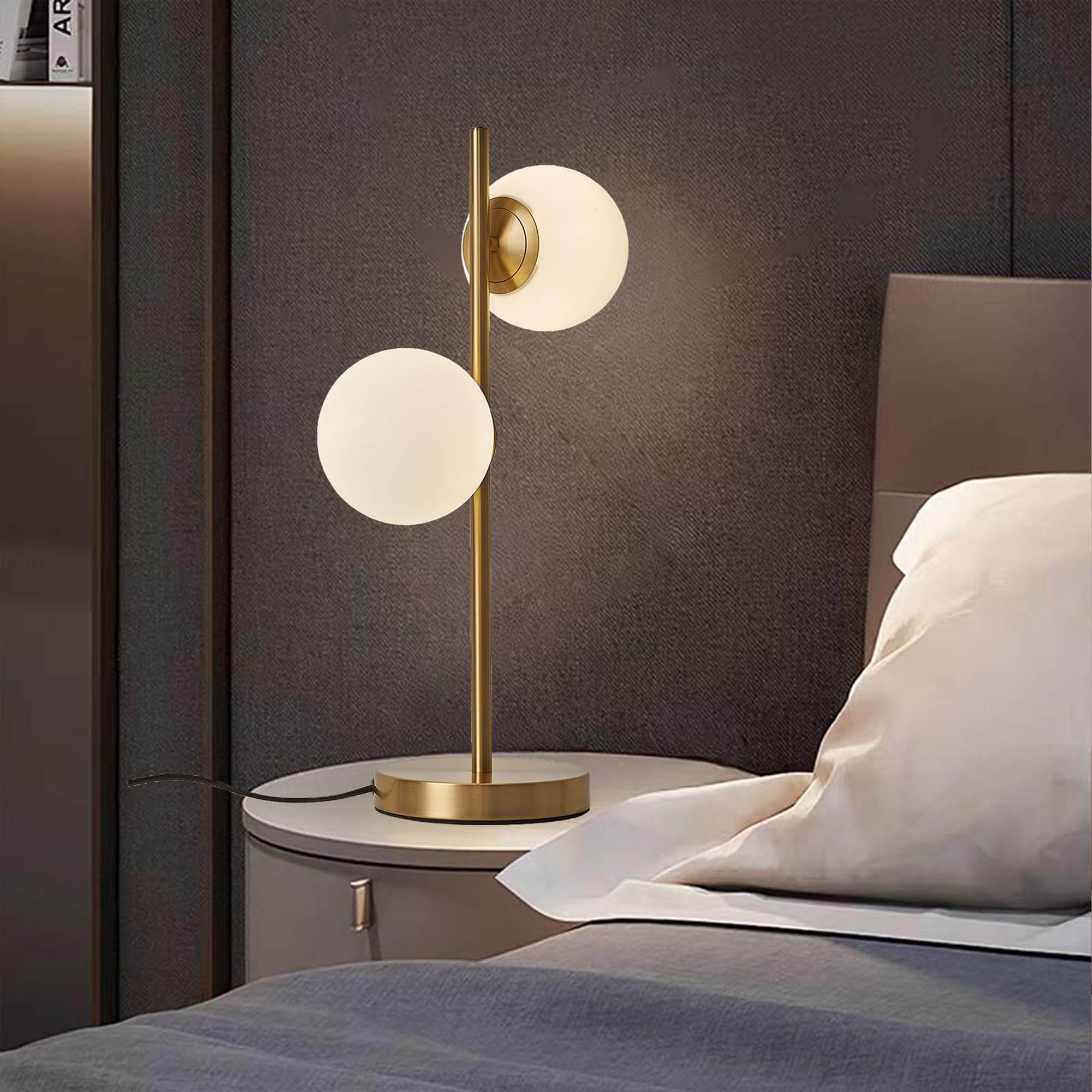 Kardleen Sphere Table Lamp For Bedroom, Mid Century Modern Table Lamp Gold Nightstand Light For Offices Contemporary Living Room Decor 2 Led Globe Lights