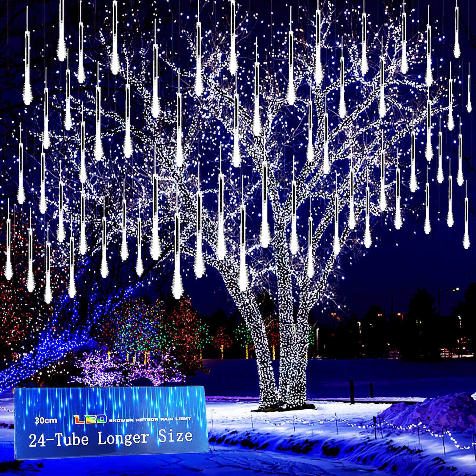 Kwaiffeo Christmas Lights Outdoor, 24 Tubes(Equivalent To 3 Sets Of 8-Tubes) Meteor Shower Lights Snow Falling Icicle Lights For Xmas Tree Halloween Decoration Wedding Party Window, Ul Plug, White