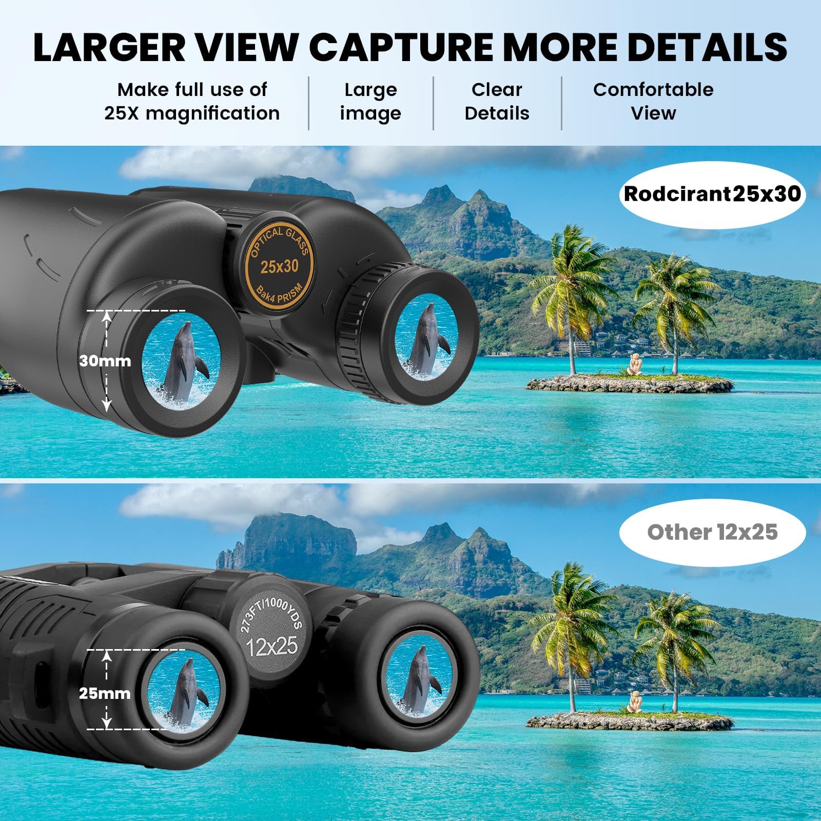 Rodcirant 25X30 Hd Binoculars For Adults With Universal Phone Adapter,Tripod And Tripod Adapter- Large View Waterproof Binoculars With Super Bright For Bird Watching,Hunting,Theater And Concerts
