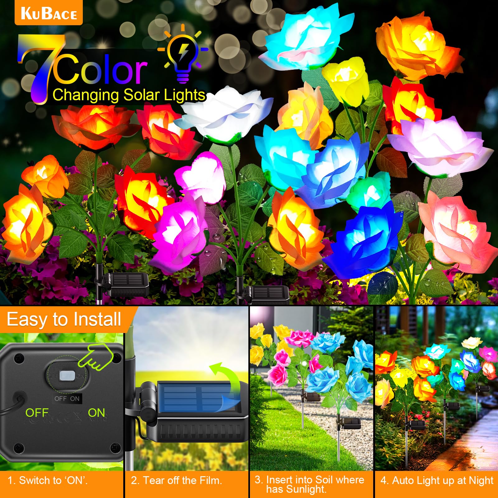 Kubace 4Pk Solar Flowers Outdoor Waterproof - Rose Led Solar Lights With 7 Color Changing - Solar Powered Outdoor Lights For Patio Yard Garden Decor, Mothers Day Gift