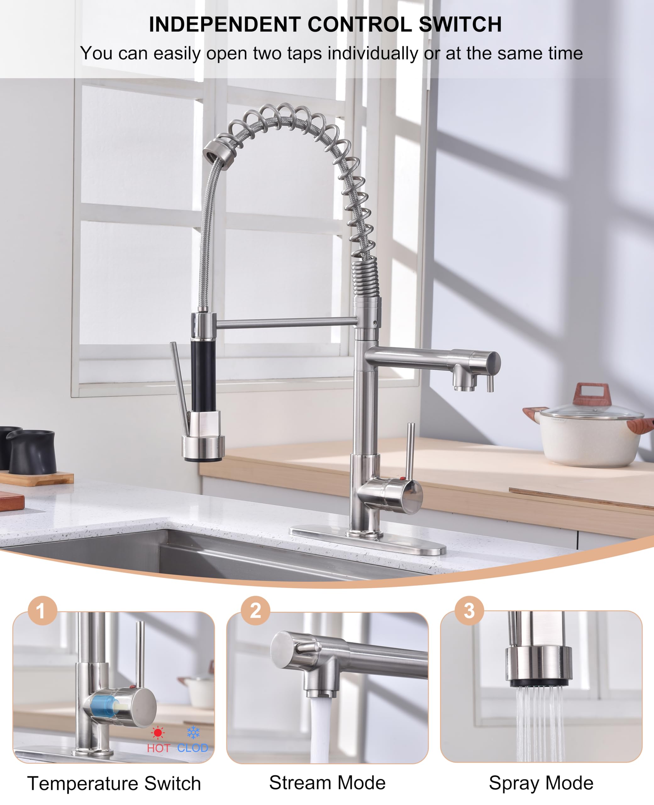 Jafeton Commercial Kitchen Faucet, High Pressure Industrial Kitchen Sink Faucet With Pull Down Sprayer, Double-Headed Stainless Steel Single Handle Kitchen Faucets 19.5" Height, 1 Or 3 Hole For All Kitchen