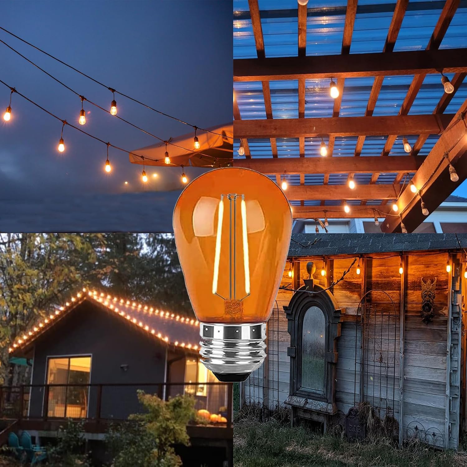 Minsily Sxminer 15 Pack 2W S14 Led Bulbs Orange Led String Light Bulbs Plastic Shatterproof Led Replacement Bulbs E26 Base Edison Bulb Led Decorative Bulbs For Outdoor String Light Home Patio Christmas Decor