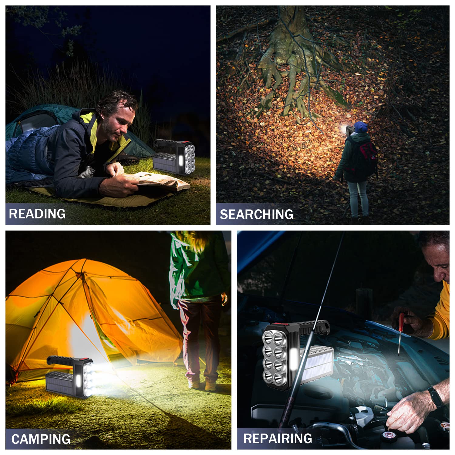 Sjpro 8 Led Solar Flashlight With Cob Sidelight, 1000 Lumens Solar Powered Flashlights, Solar Or Usb Charging Waterproof Handheld Flashlights With 3 Modes For Fishing Outdoor Camping Emergencies