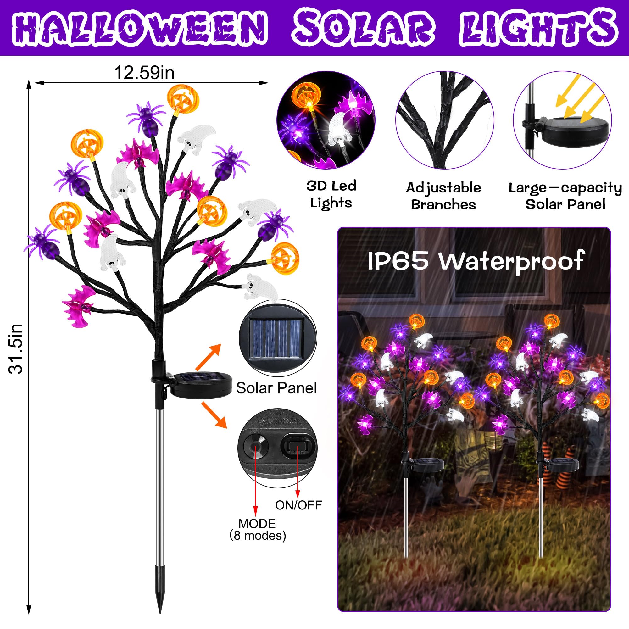 Sakayo Halloween Decorations Outdoor Solar Lights, 2 Pack Halloween Lights Outdoor Solar Lights Waterproof With 20 Led Ghosts Bats Spiders Pumpkin Lights, 2 Modes Solar Pathway Lights For Halloween Decor