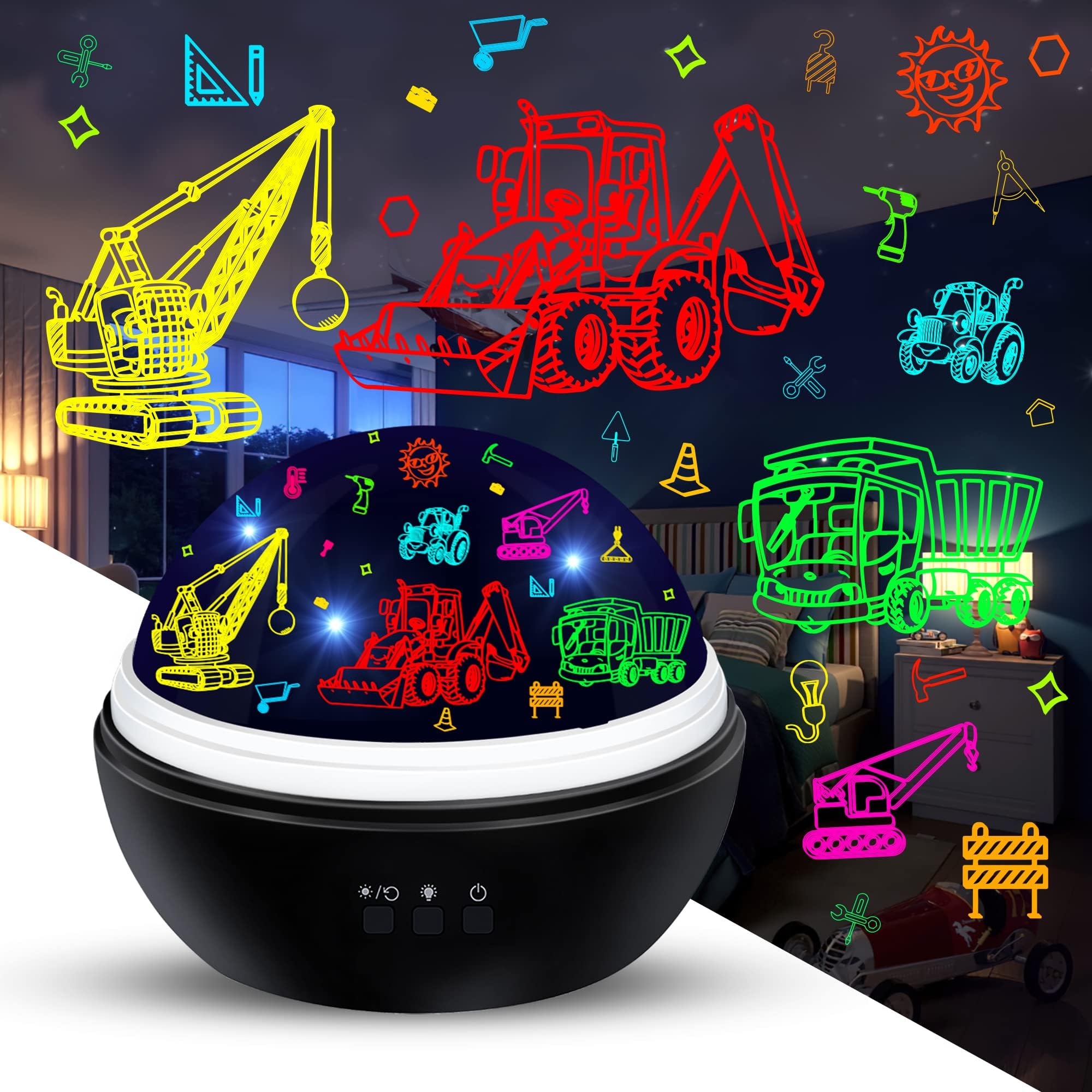 Vanshinieer Night Light Projector For Kids Truck Toys For Boys, 360 Degree Rotation Baby Night Lights With Car And Star Theme, Birthday Party Festival Decor(Black)