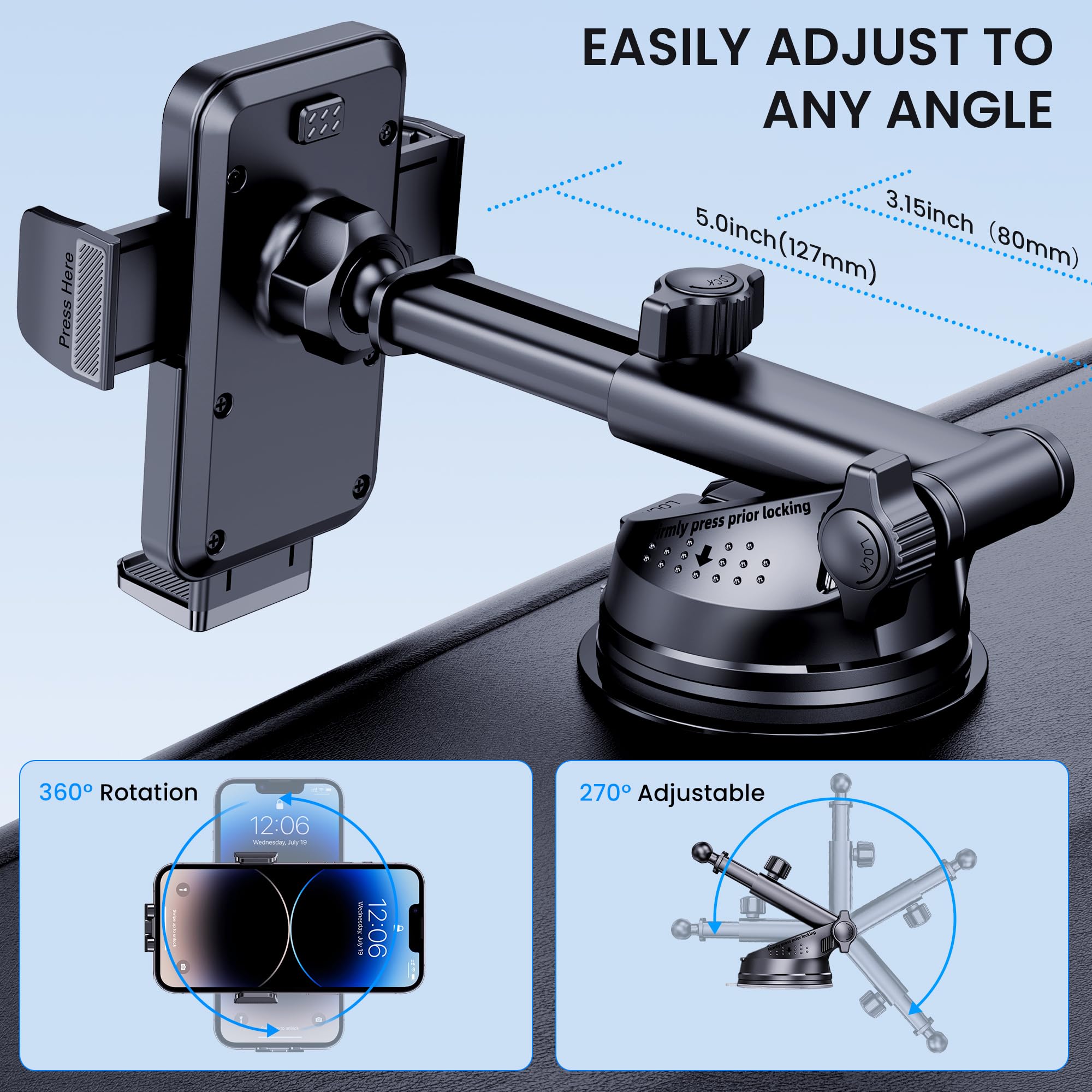 Bivgaza Phone Holder Car [Military-Grade Suction] Universal Car Phone Holder [Thick Case Friendly] Automobile Accessories Dashboard Air Vent Windshield Phone Mount Fit For Iphone Android Smartphones
