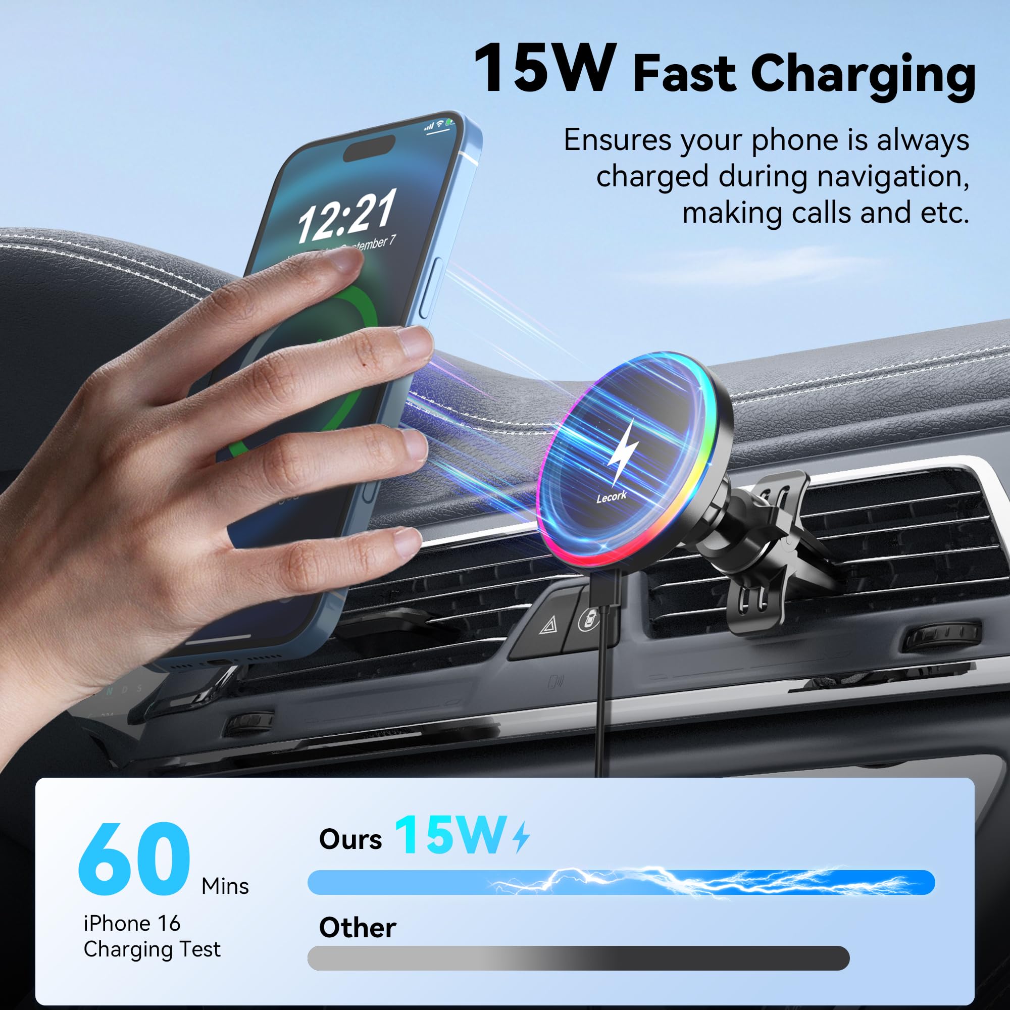 Lecork For Magsafe Car Mount, 15W Magnetic Wireless Charger For Iphone, Magsafe Air Vent Car Holder Charger For Iphone 16 Pro Max/16/15/14 13 12, Samsung S25/S25+/Ultra, Rgb Led Design