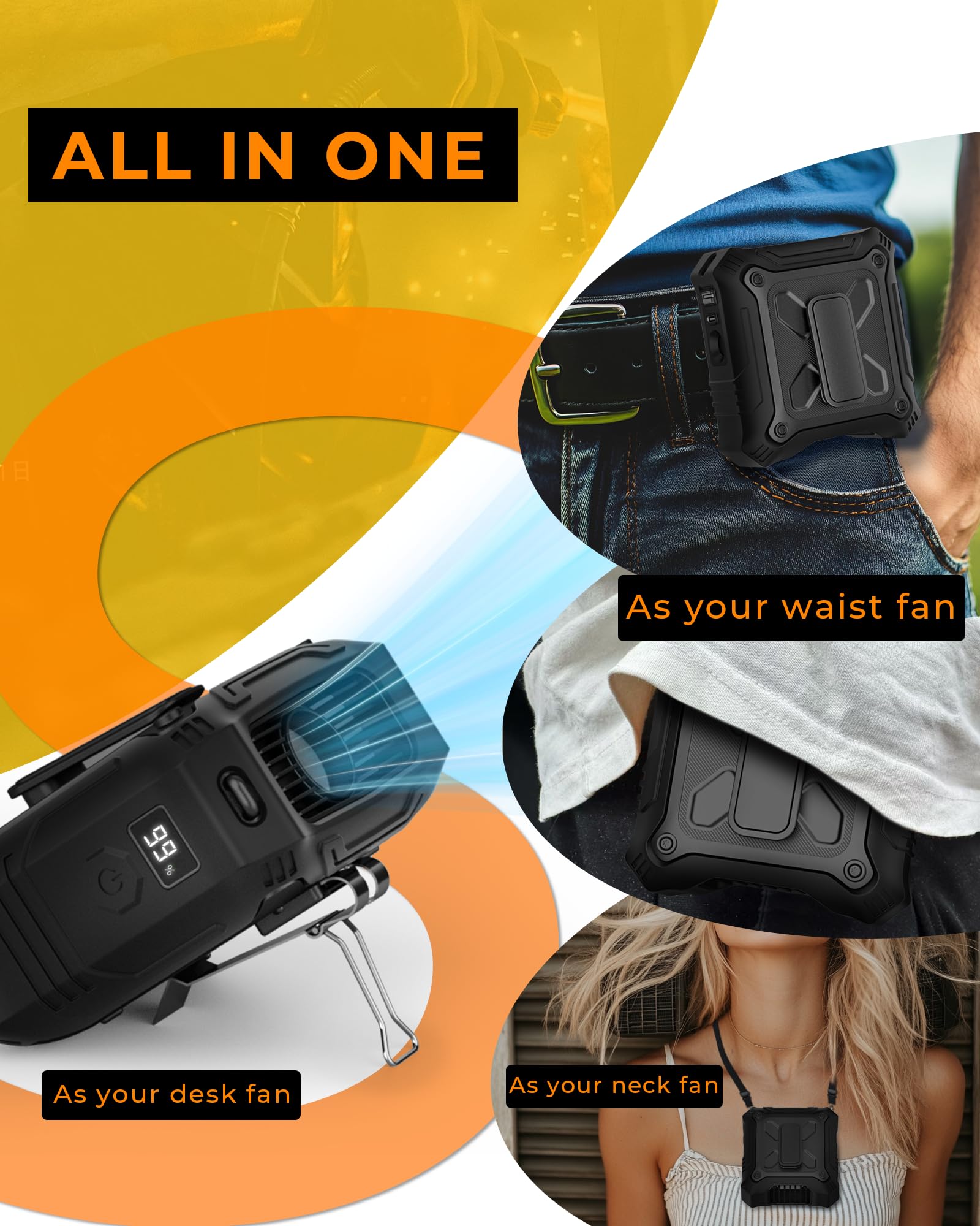 Portable Waist Fan, Portable Fan With 5-Speed Settings, Dual-Sided Clip On Wearable Belt Personal