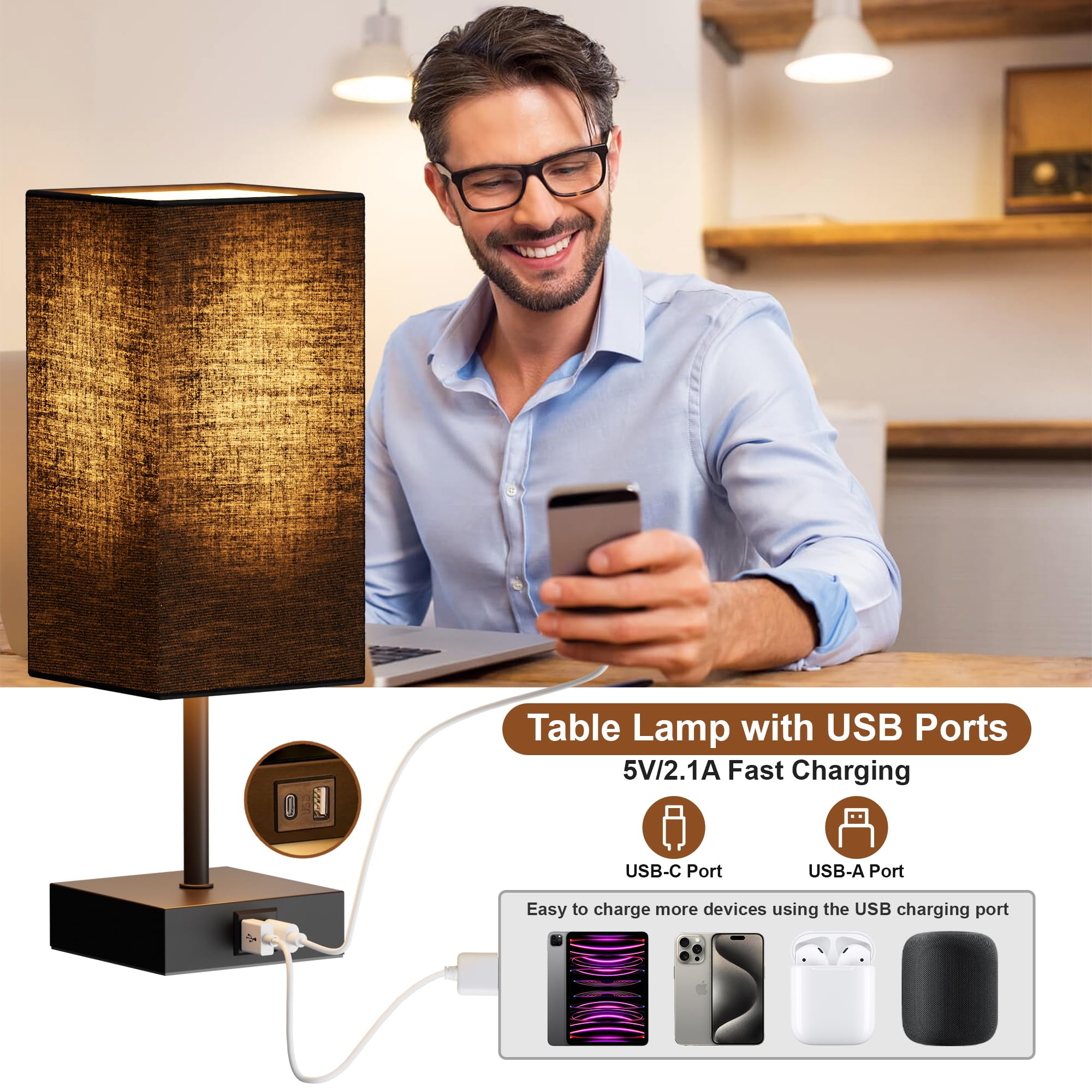 Sailstar Table Lamp For Bedroom, 3 Way Dimmable Touch Bedside Lamp, Small Lamp With 2 Usb C+A Charging Ports, Black Nightstand Lamps For End Table, Living Room, Desk, Bulb Included