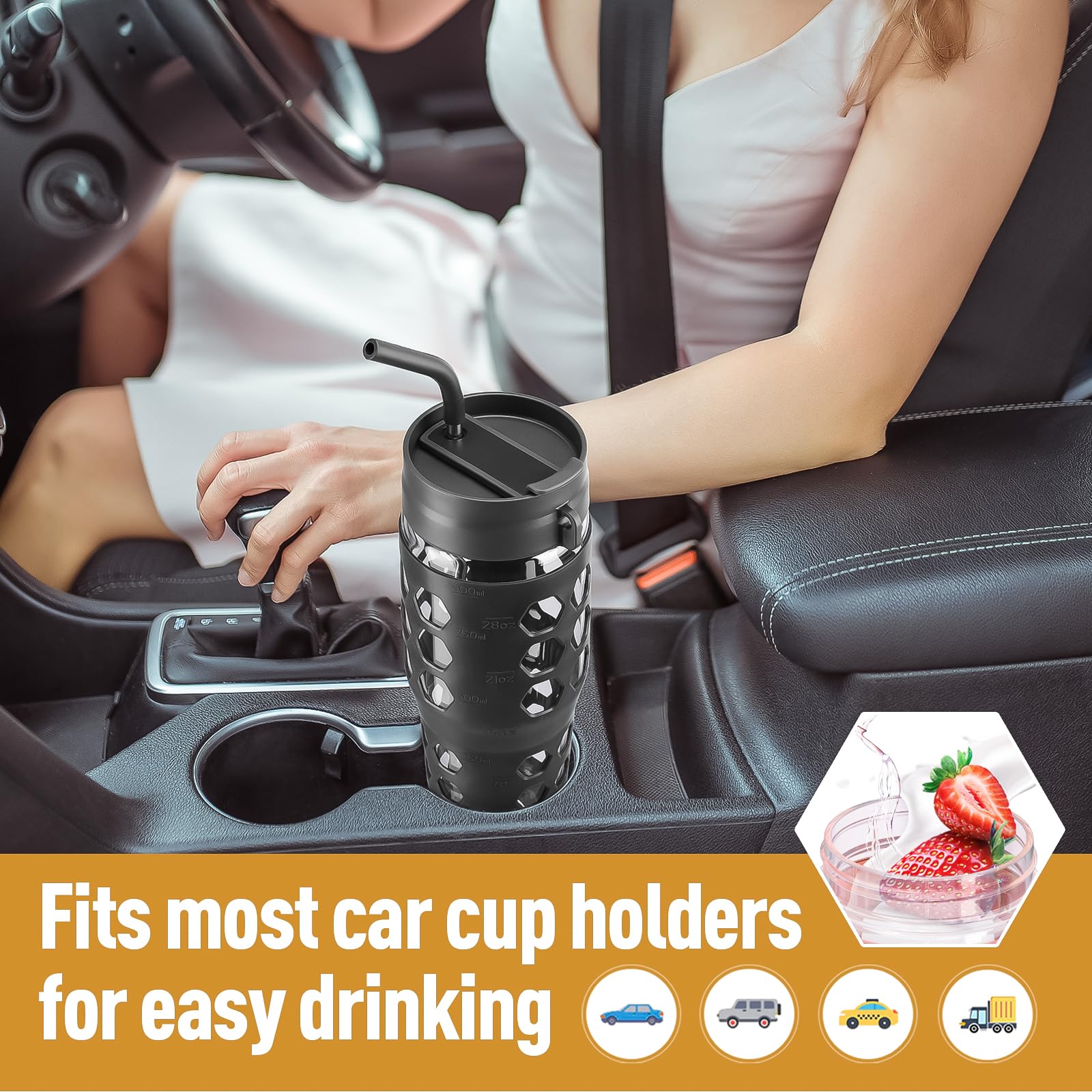 Mukoko 32 Oz Glass Tumbler With Straw,Glass Water Bottles With Time Marker,Iced Coffee Cup
