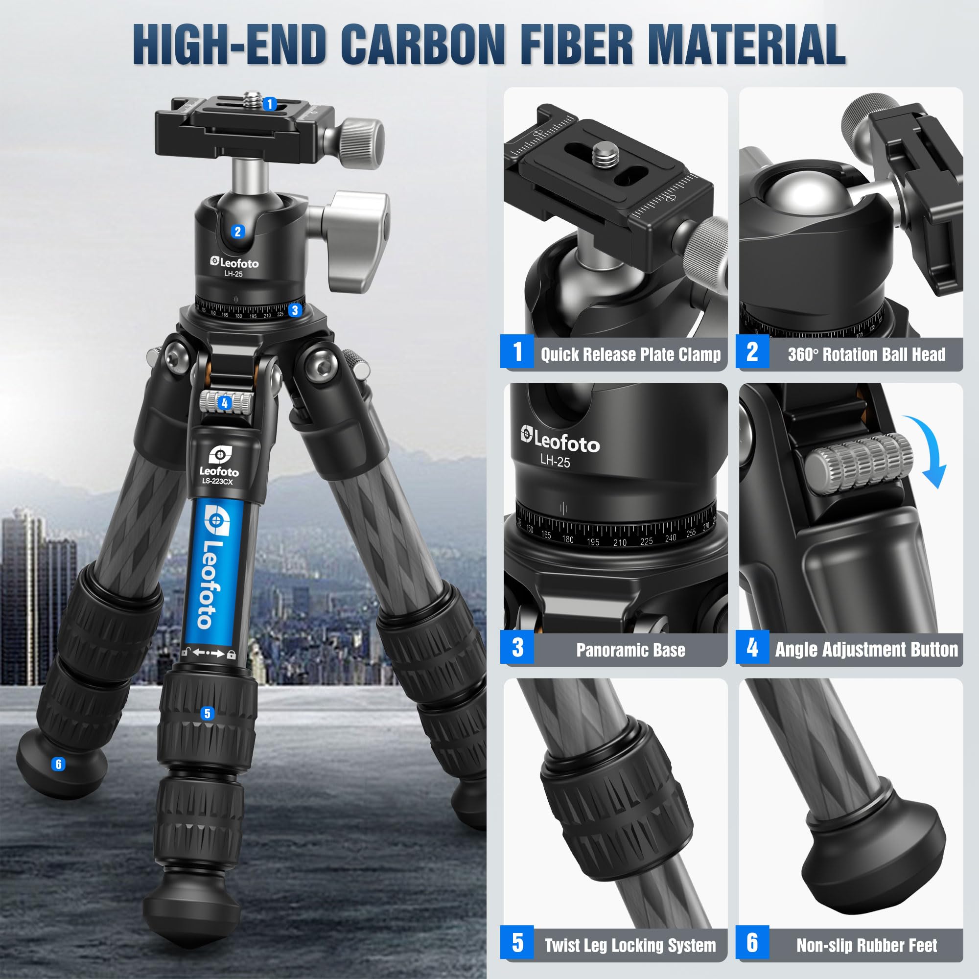 Leofoto Carbon Fiber Travel Tripod With 360° Ball Head, Mini Desktop Tripod For Dslr Camera, Folded Height 10.6", Max Height 14.5″, Max Load 10Kg/22Lbs