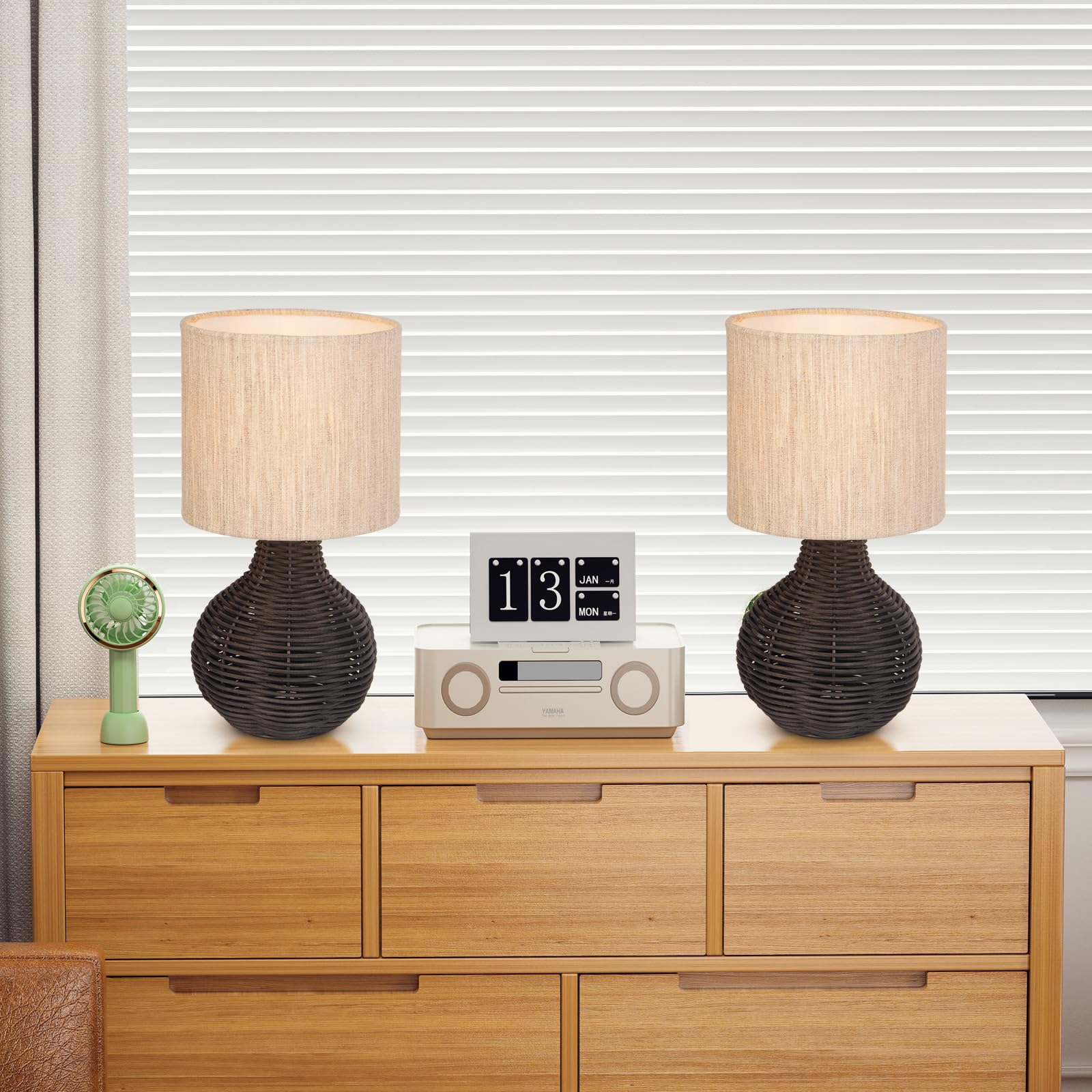 Jcpyiul Rattan Table Lamp With Linen Shade, Vintage Wicker Bedside Desk Lamp For Bedroom & Living Room (Black)