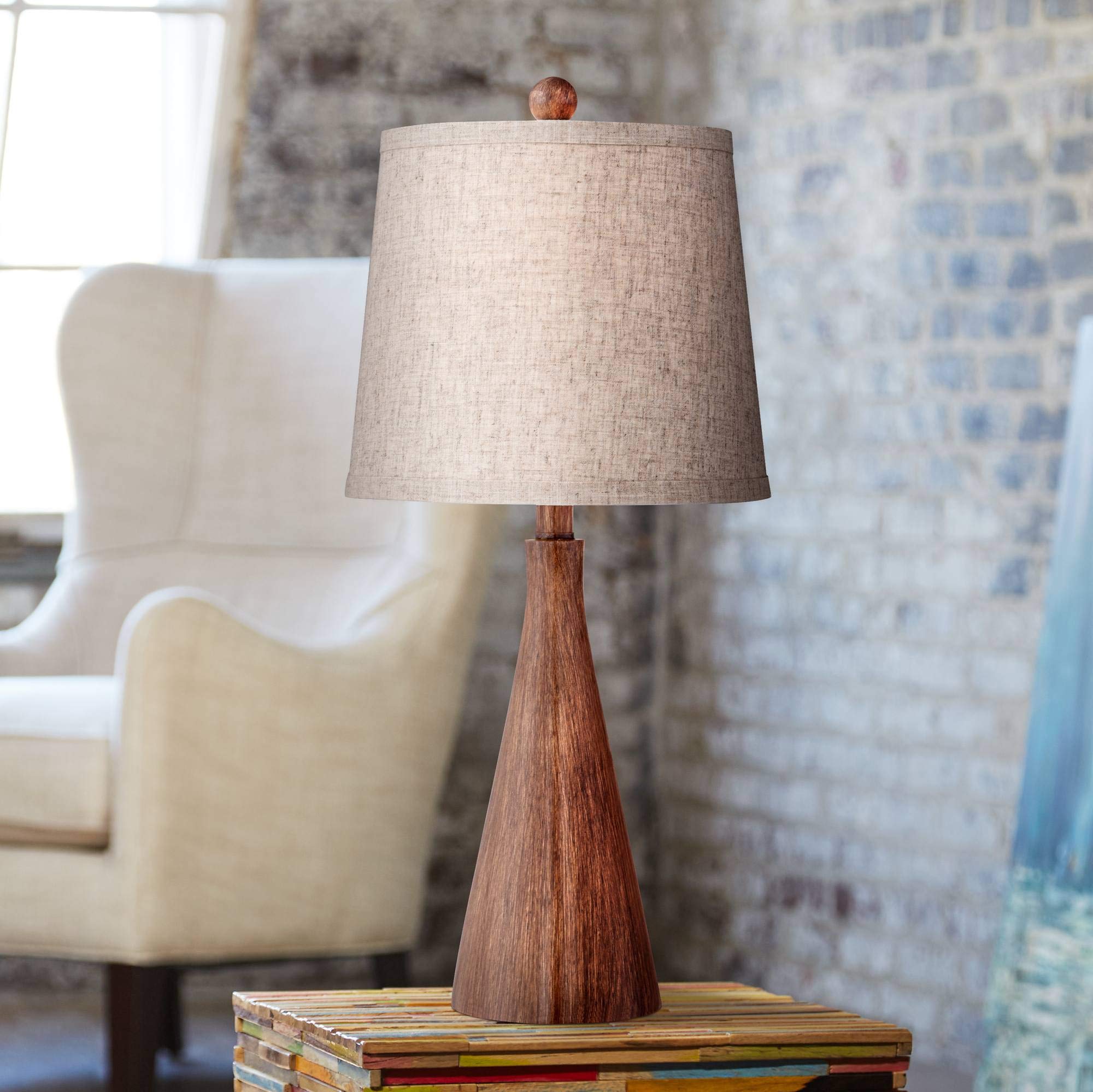 360 Lighting Fraiser Modern Accent Table Lamp 23 1/2" High Brown Faux Wood Tapered Column Oatmeal Drum Shade For Bedroom Living Room House Home Bedside Nightstand Office Entryway Kids Family