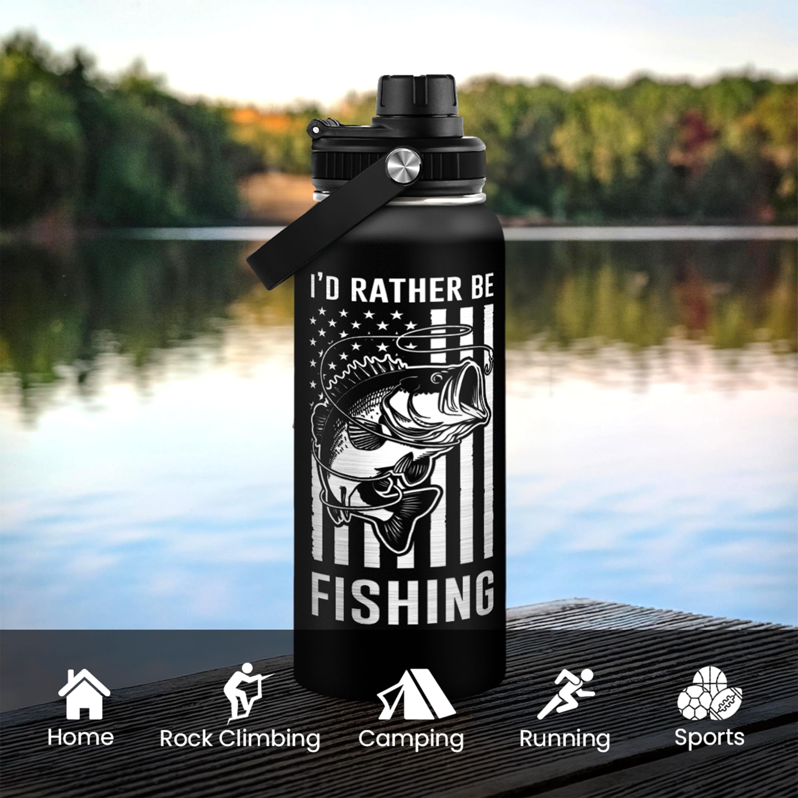 Sandjest Fishing Water Bottle - 32Oz Stainless Steel Insulated Bottles With Lid - Deer Fishing