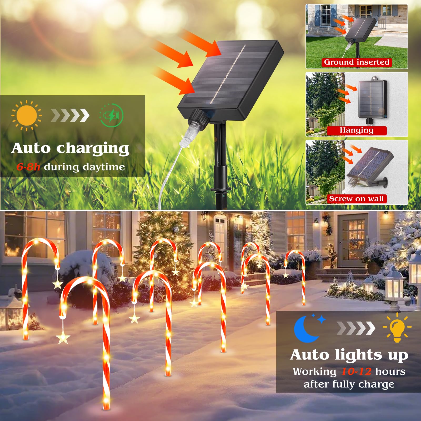 Sunlumi 19.3In Christmas Solar Candy Cane Lights, 10 Pcs Pathway Light With Star 8 Flashing Modes, Outdoor Christmas Decorations For Outside Path, Walkway, Driveway, Sidewalk, Porch, Yard, Garden