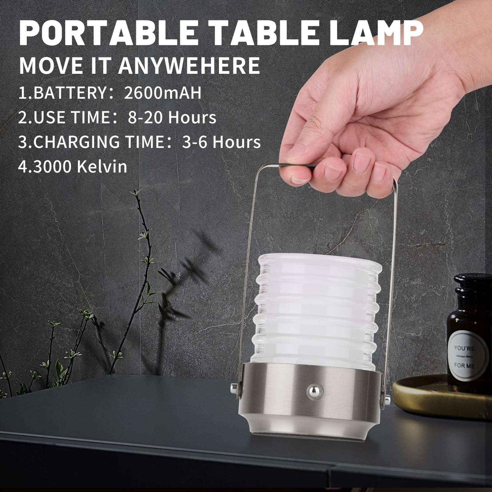 Hapygi Portable Metal Led Table Lamp ,Rechargeable Cordless Lamp, 3-Colour Infinitely Dimming Battery Powered Small Desk Lamp, Restaurant/ Nightstand Lamp/Bar/Coffee Shop/Camping Light (Sliver)