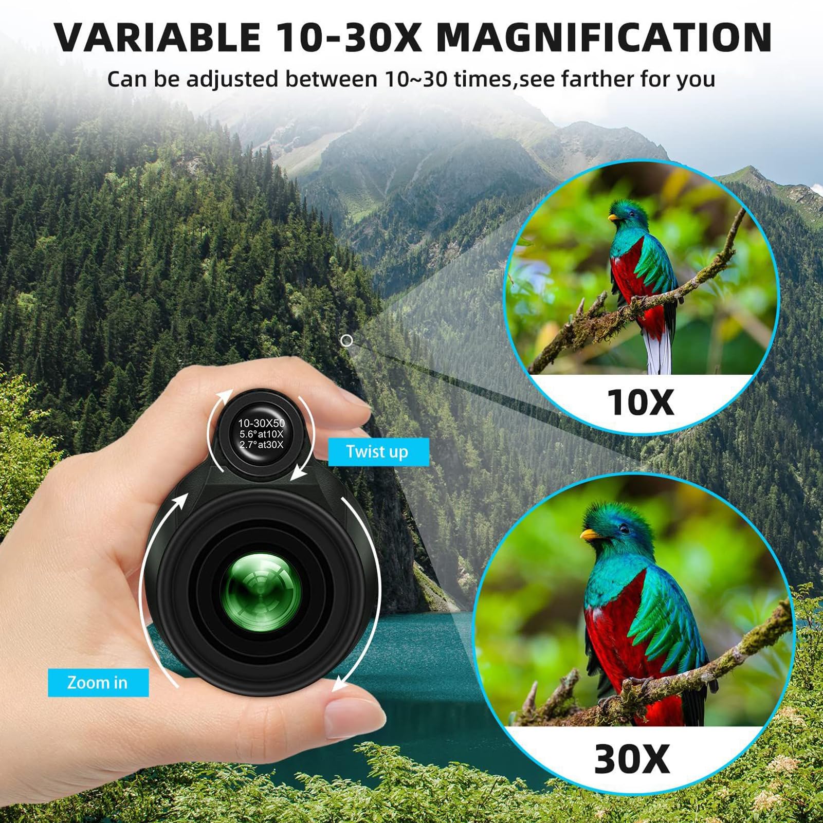 Tiyimiyuxu 10-30X50 Zoom Monocular Telescope For Adults - High Power Hd Monocular With Tripod & Adapter, Rubber Armor,Waterproof Large Objective Monoculars - For Opera, Bird Watching, Hiking,Travel