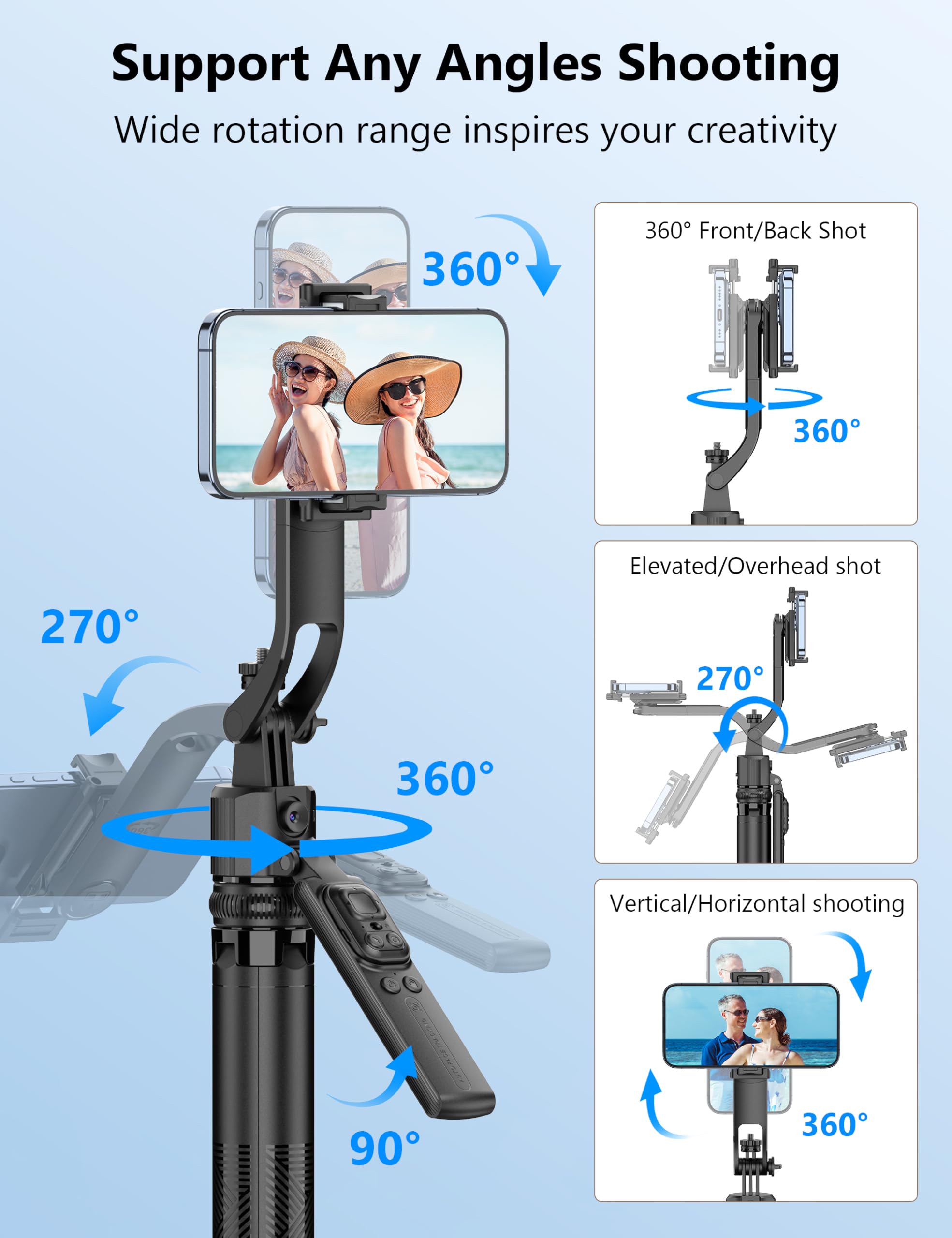 Qirita 64'' Auto Face Tracking Tripod 360 Rotation With Stand, Handheld Stabilization, Aluminum Quadrapod Selfie Stick Phone Tripod With Remote Compatible With Iphone, Android For Tiktok, Live Streaming