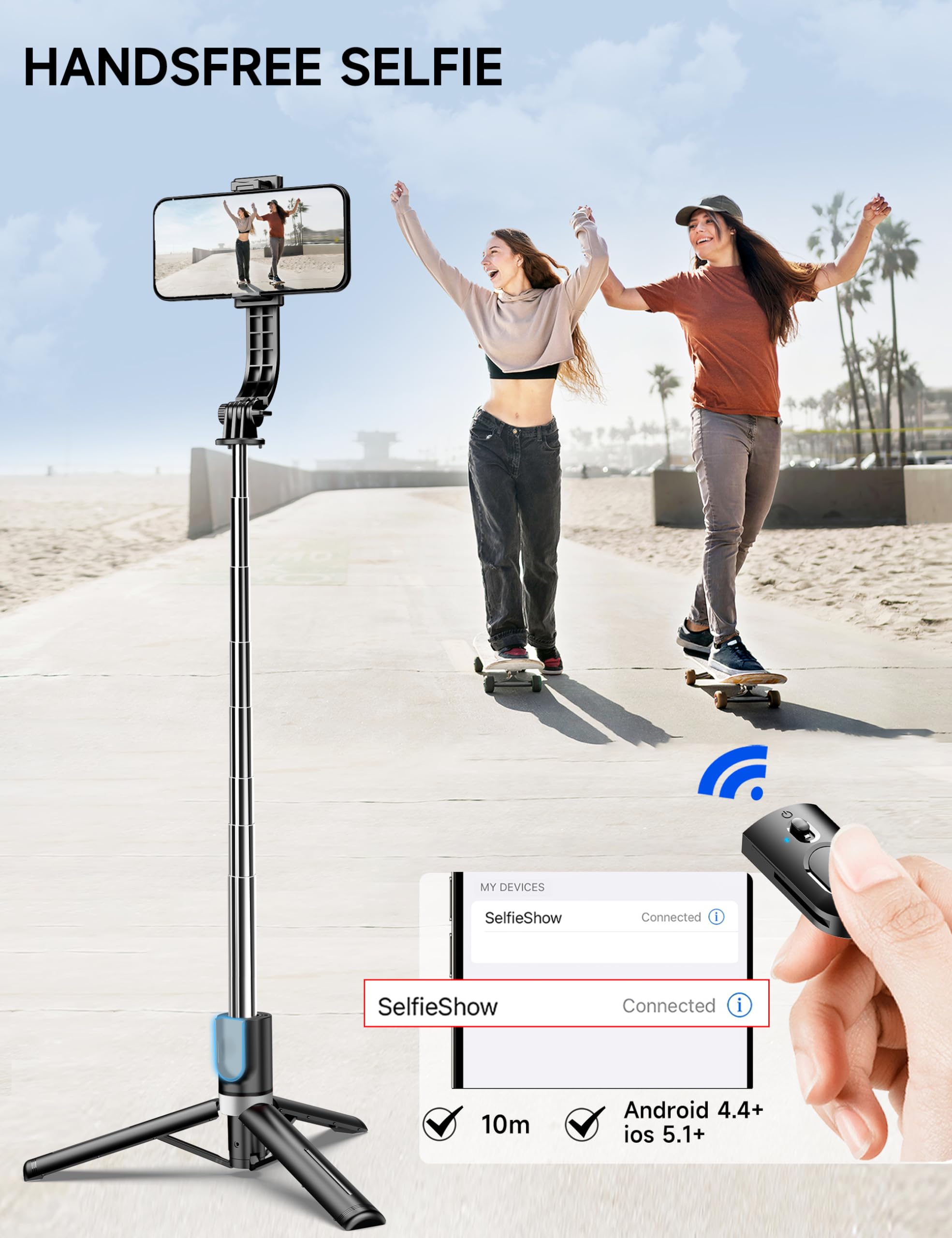 Selfieshow 45" Selfie Stick Tripod With 2 Lights, Extendable 5 In 1 Selfie Stick Phone Tripod, Portable Selfie Sticks With Wireless Remote Compatible With Iphone 15/14/13 Pro Max, Samsung, Android, Gopro