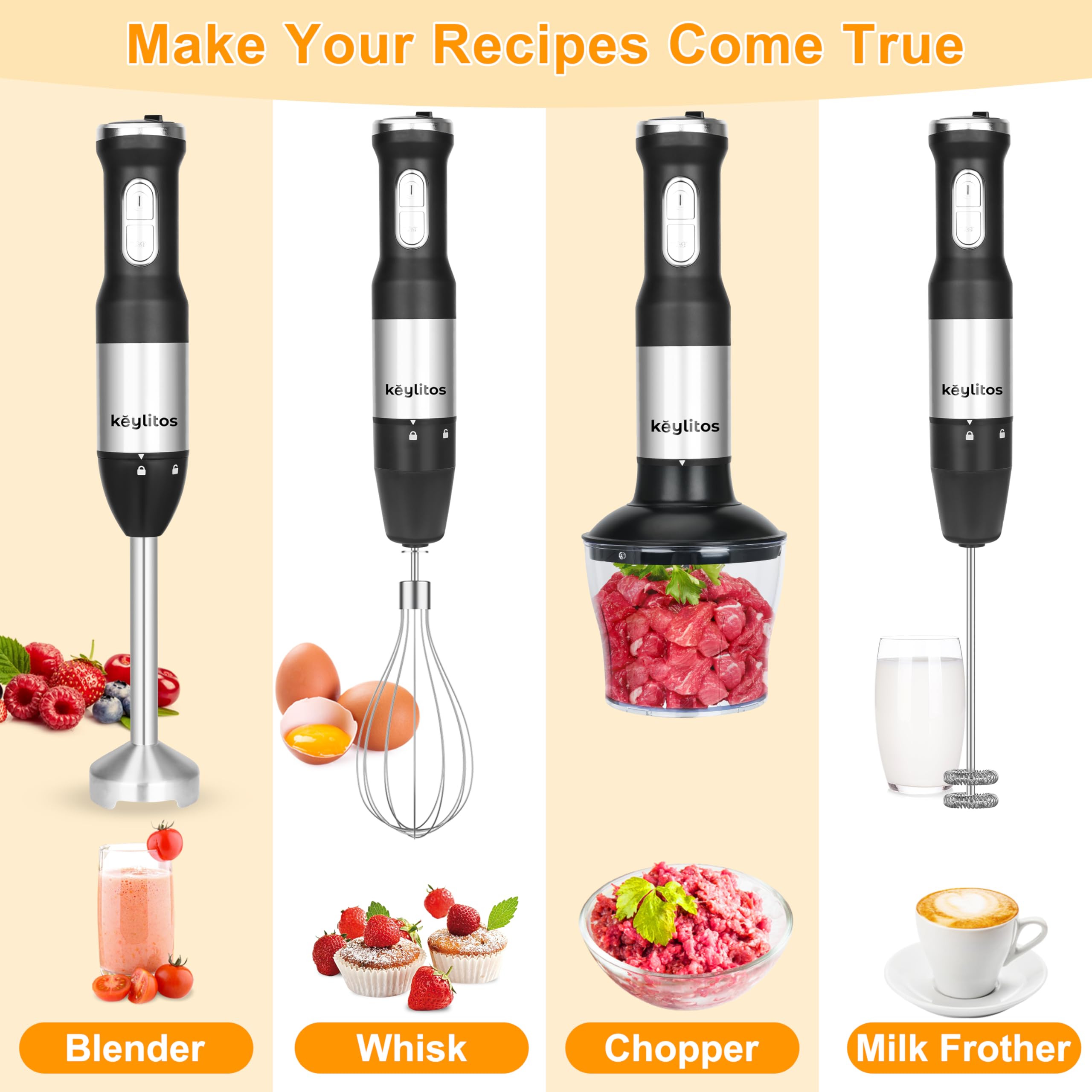 Keylitos 5 In 1 Immersion Hand Blender Mixer, [] Handheld Stick Blender With 600Ml Chopper, 800Ml Beaker, Whisk And Milk Frother For Smoothie, Baby Food, Sauces Red,Puree, Soup (Black)