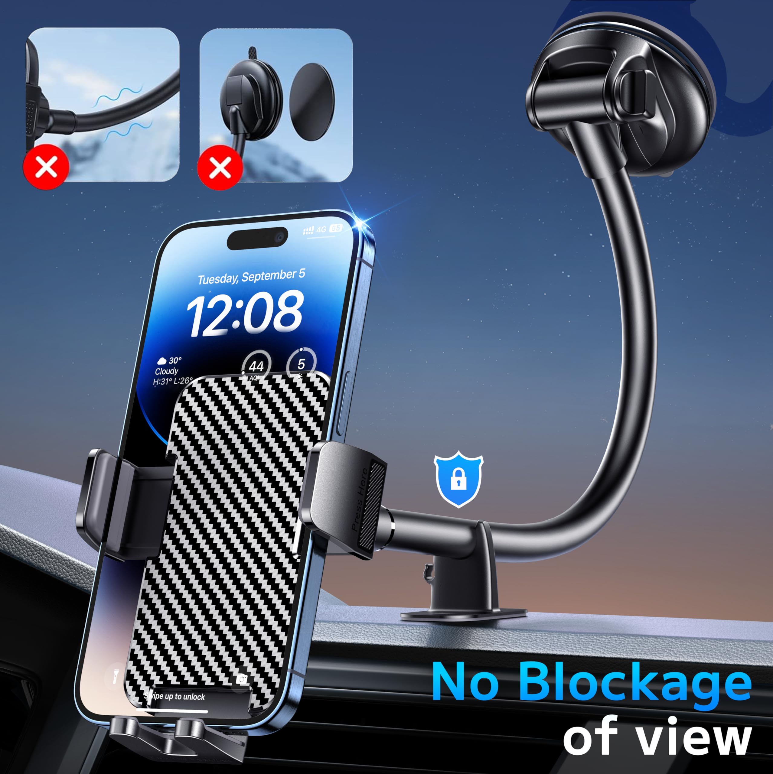 Bipopibo Phone Holders For Your Car [Long Flexible Neck] Car Phone Mount [Anti-Shake Stabilizer] Cell Phone Holder Car For Dashboard Windshield Automotive Accessories Fit For Iphone Android Smartphone