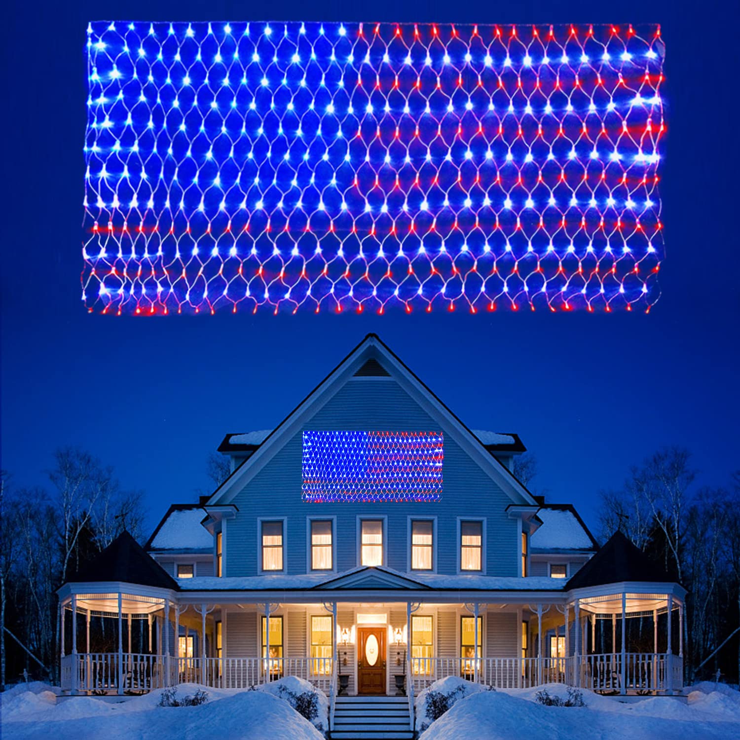 Henhui American Flag Lights,Hhui 420 Led Flag Net Light,Waterproof Flag String Lights Outdoor,Patriotic Ornaments For Independence/National Day July 4Th Memorial Day Halloween Christmas Day, 110V-Plug In
