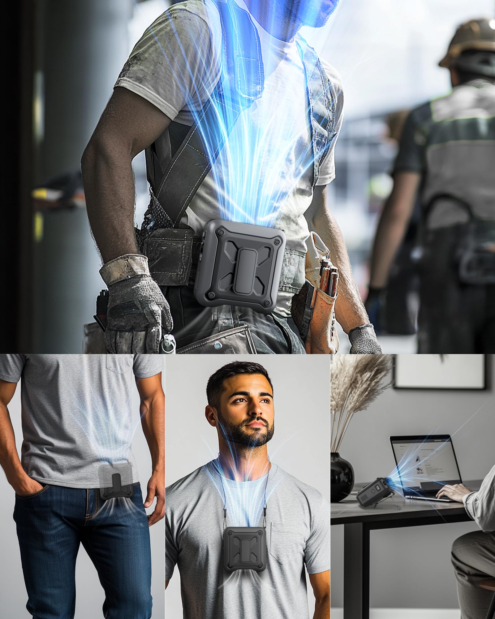 Portable Waist Fan Clip On Belt Under Shirt W/Led Display & Flashlight, 8000Mah Battery Powered