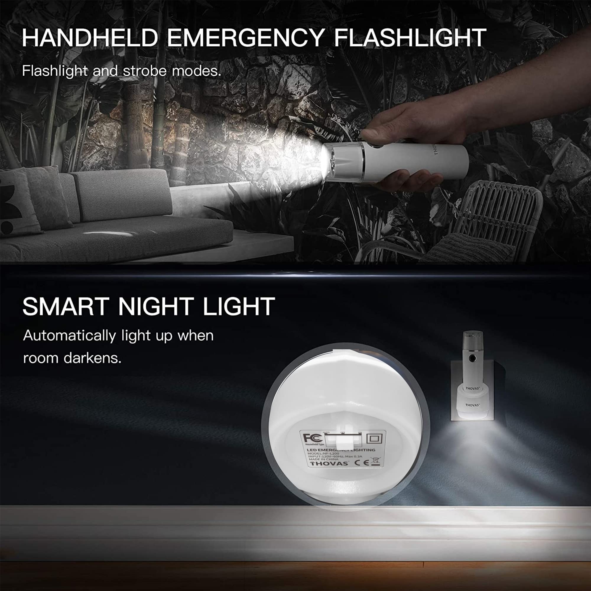 Thovas Emergency Flashlight, Multi-Function Led Power Failure Light, Handheld Rechargeable, Plug-In Night Light, 3-In-1 With Lighting Sensor, 3 Pack