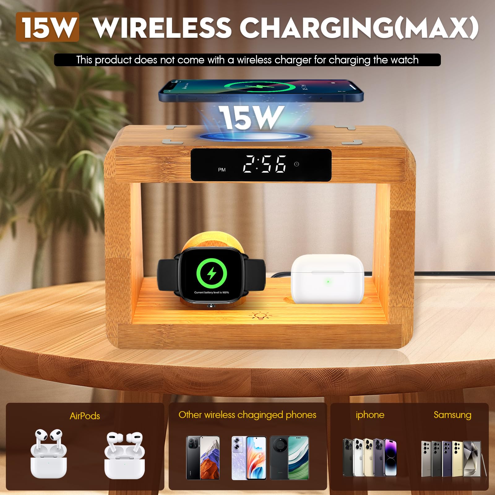 Hqobzx Wooden Bedside Table Lamps For Bedroom With Wireless Charger, Nightstand Lamp With Charging Station, 3 Night Light Modes Dimmable Touch Bedside Lamps With Alarm Clocks Lamps For Night Stands