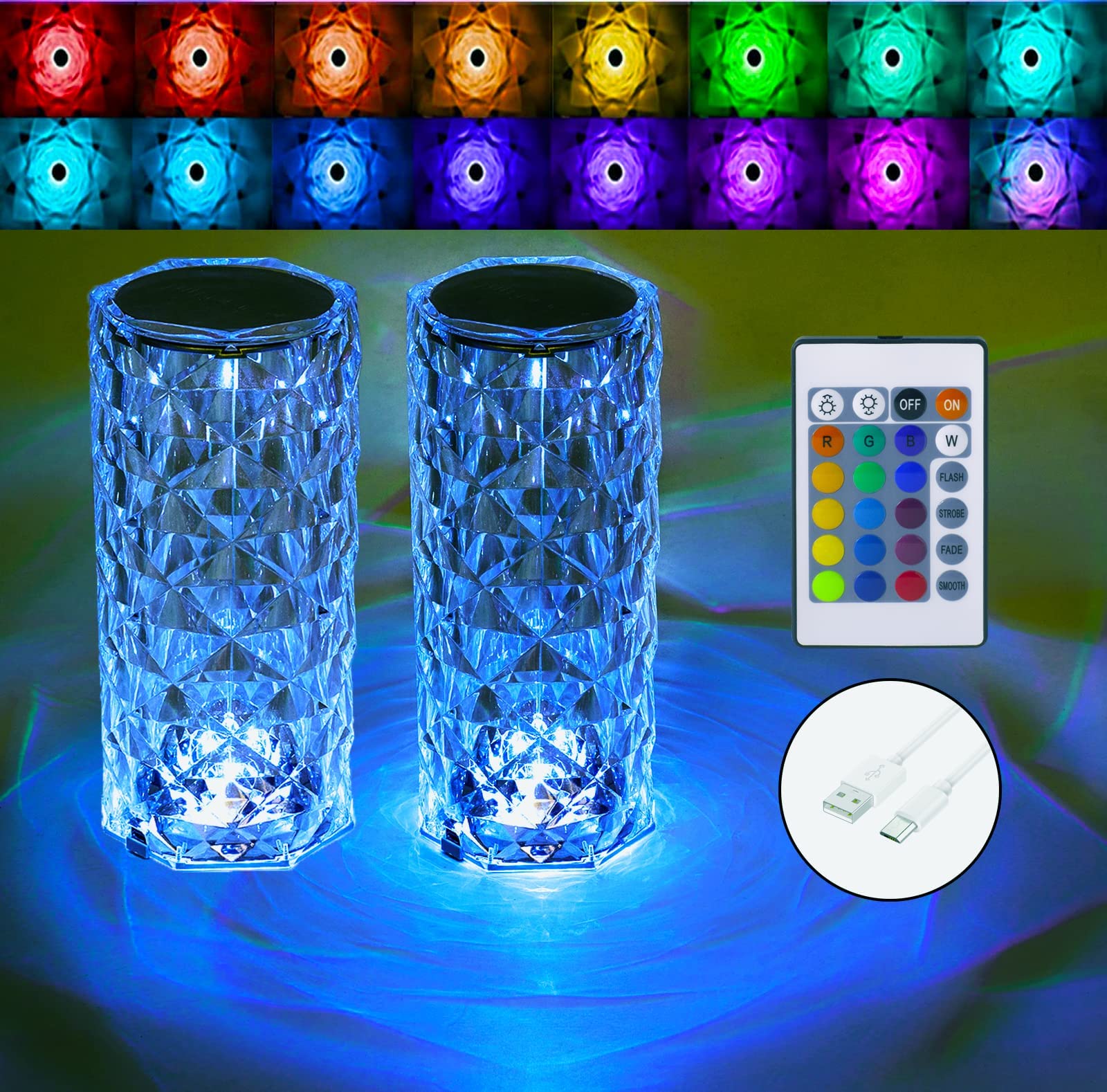 Imqsqik Crystal Table Lamp,Rgb Rose Diamond Touch Lamps (2Pack) Color Changing Night Light For Bedroom/Living Room/Party Dinner Decor Creative Lights Housewarming (Remote & Touch