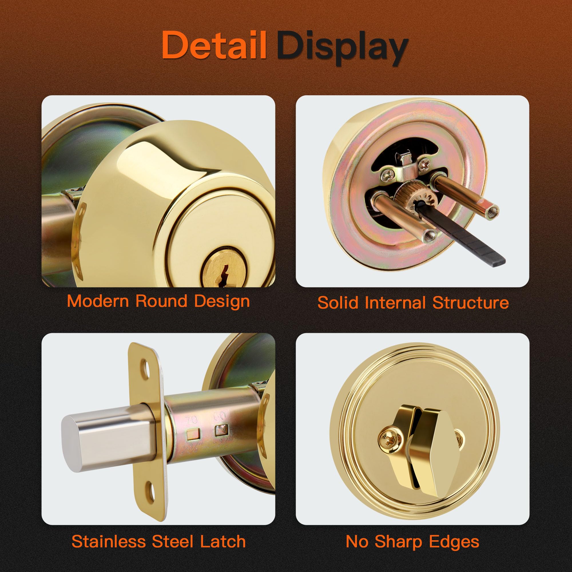 Gaurqiah Keyed Single Cylinder Deadbolt Lock For Exterior, Round Design Dead Bolt For Front Door And Entrance Door, Polished Brass