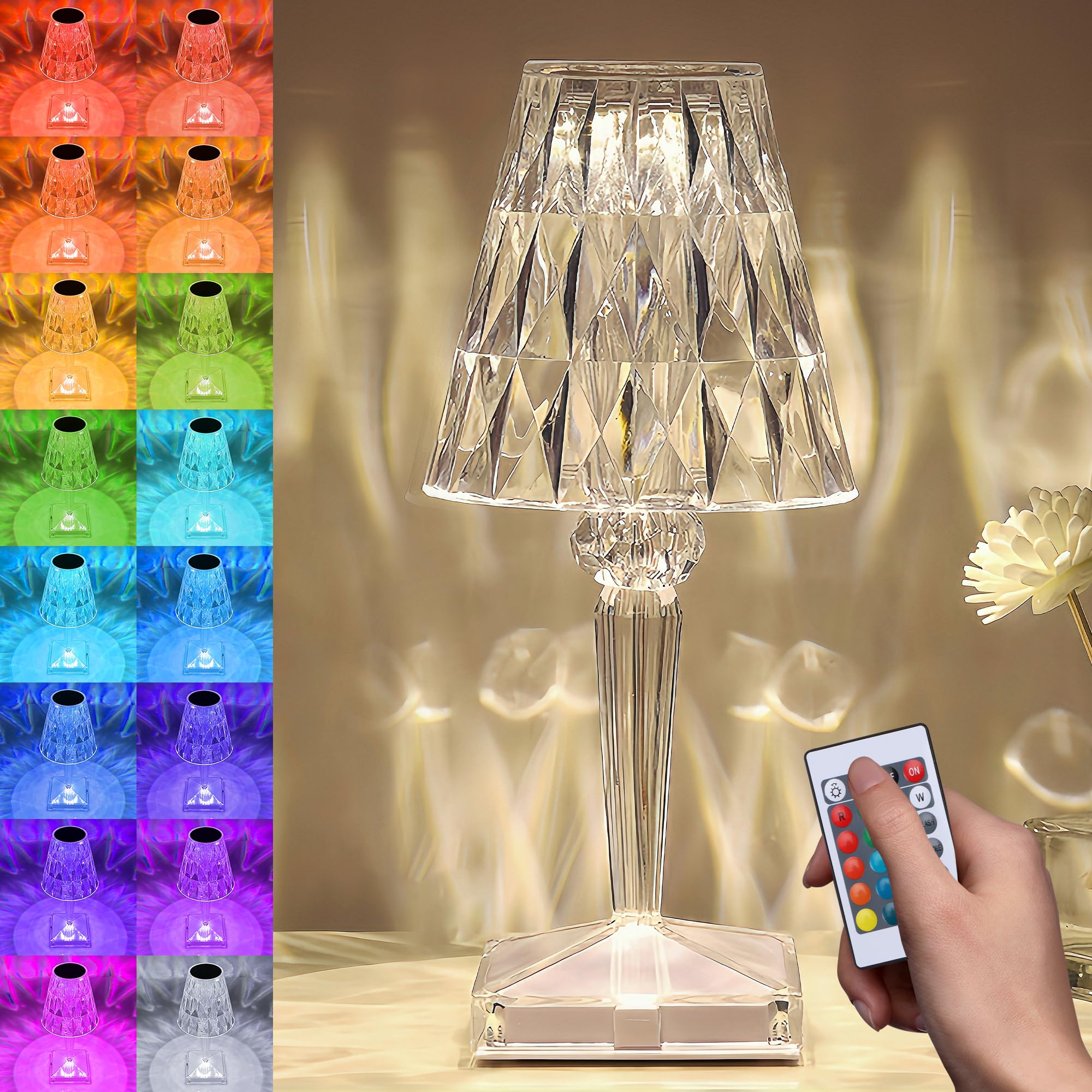 Dsyhyl Cordless Lamp Crystal Table Lamp, 2000Mah Rechargeable Touch Lamps Rgb 16 Color Night Light Led Diamond Small Lights Portable Battery Powered Bedside Desk Lamp For Bedroom Restaurant Bar Coffee Shop