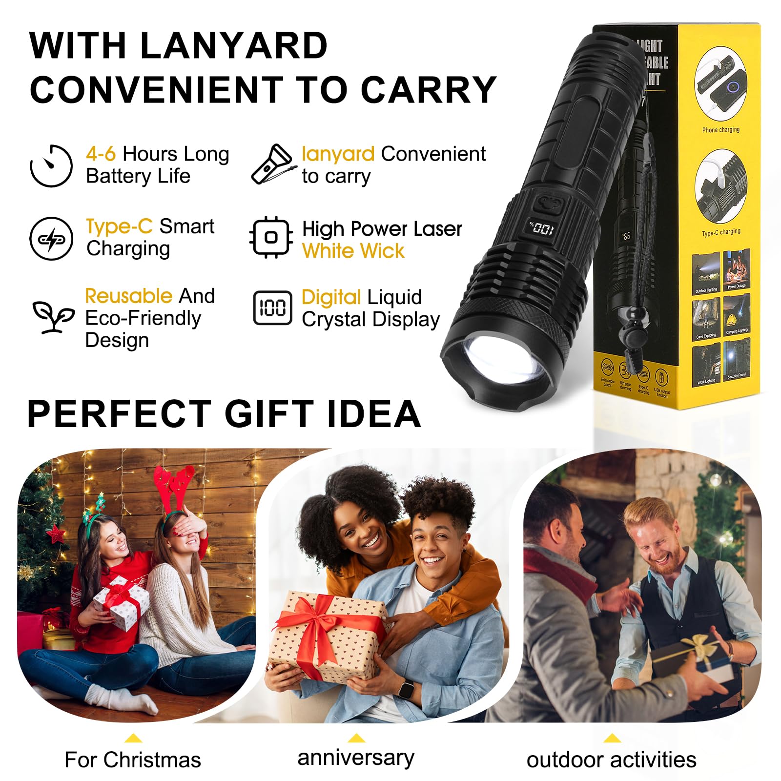 Attimal Rechargeable Flashlight - High Power 18000 Lumens, Led Display, Adjustable Focus, Usb Charging, 5 Modes, Ipx4 Waterproof Led Headlamp For Camping, Hiking, Emergency, Etc.