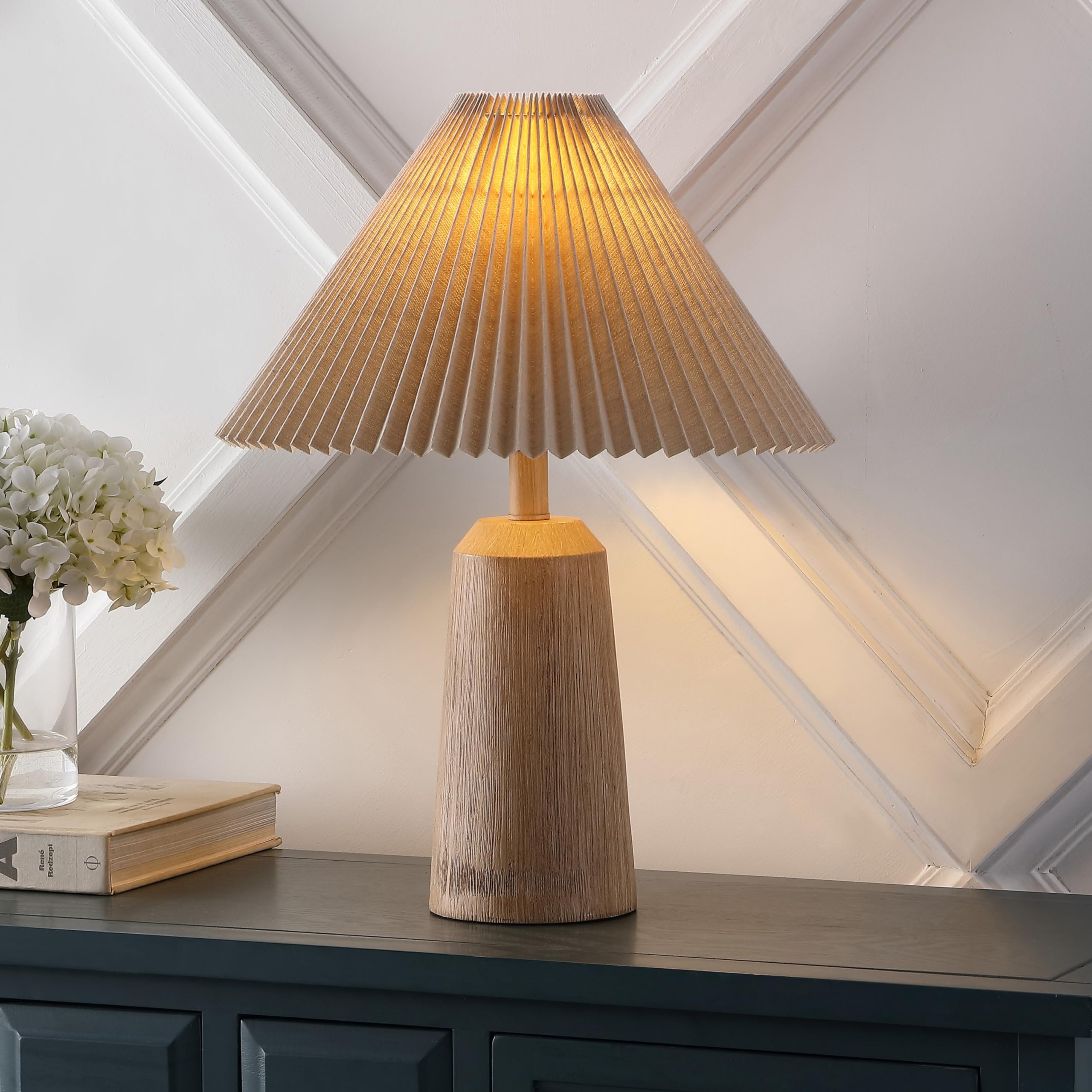Jonathan Y Jyl1146A Arvid 20.5" Rustic Scandinavian Resin/Iron Lighthouse Led Table Lamp With Pleated Shade, Beige Wood Finish, For Bedroom, Living Room, Entry Console