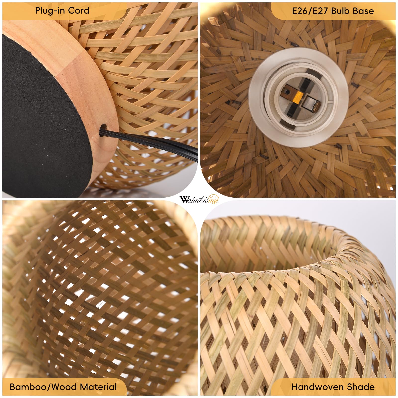 Walmhomie Handmade Boho Bamboo Table Lamp Wicker Woven Plug-In Desk Lamp, Boho Table Lights For Bedrooms Bedside Reading Light For Home Decor, 7.87''X11.81''