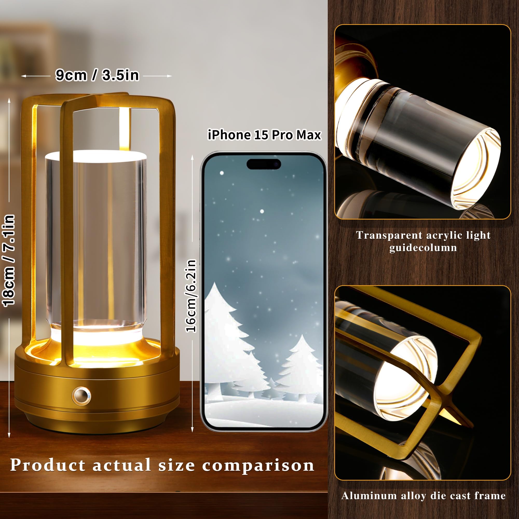 Anxingtools Portable Metal Table Lamp,Cordless Table Lamp,Battery Operated, 3 Light Colors, For Restaurant/Bedroom/Bars/Outdoor Party/Camping/Coffee Shop Atmosphere Night Light (Gold)