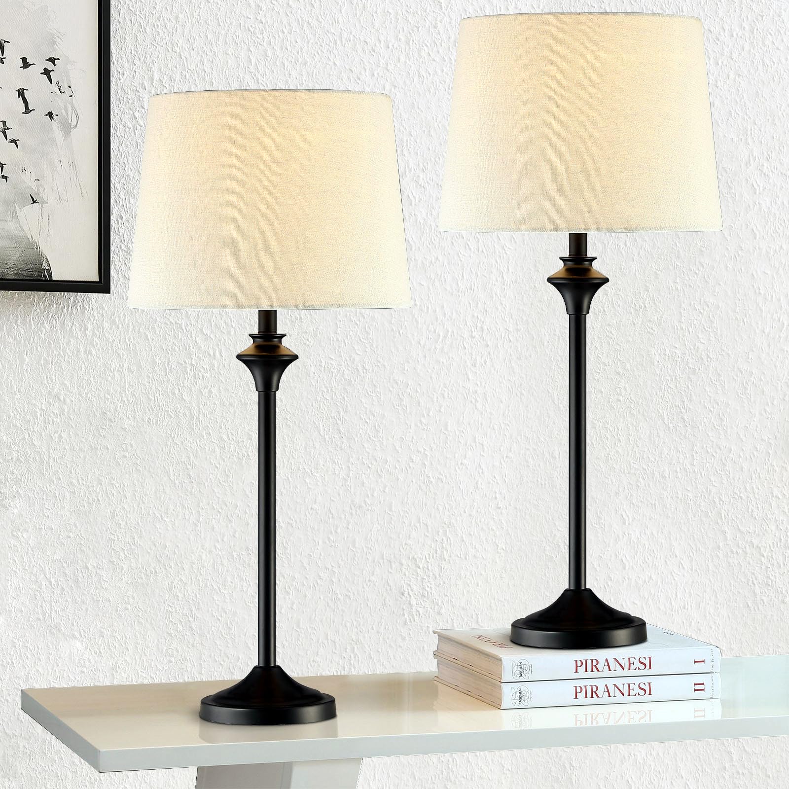Hightry Table Lamps Set Of 2 For Living Room, Black Buffet Lamps Metal Nightstand Lamps With Oatmeal Fabric Shade, 26” Tall Bedside Desk Lamps For Bedroom, Living Room, Home Office
