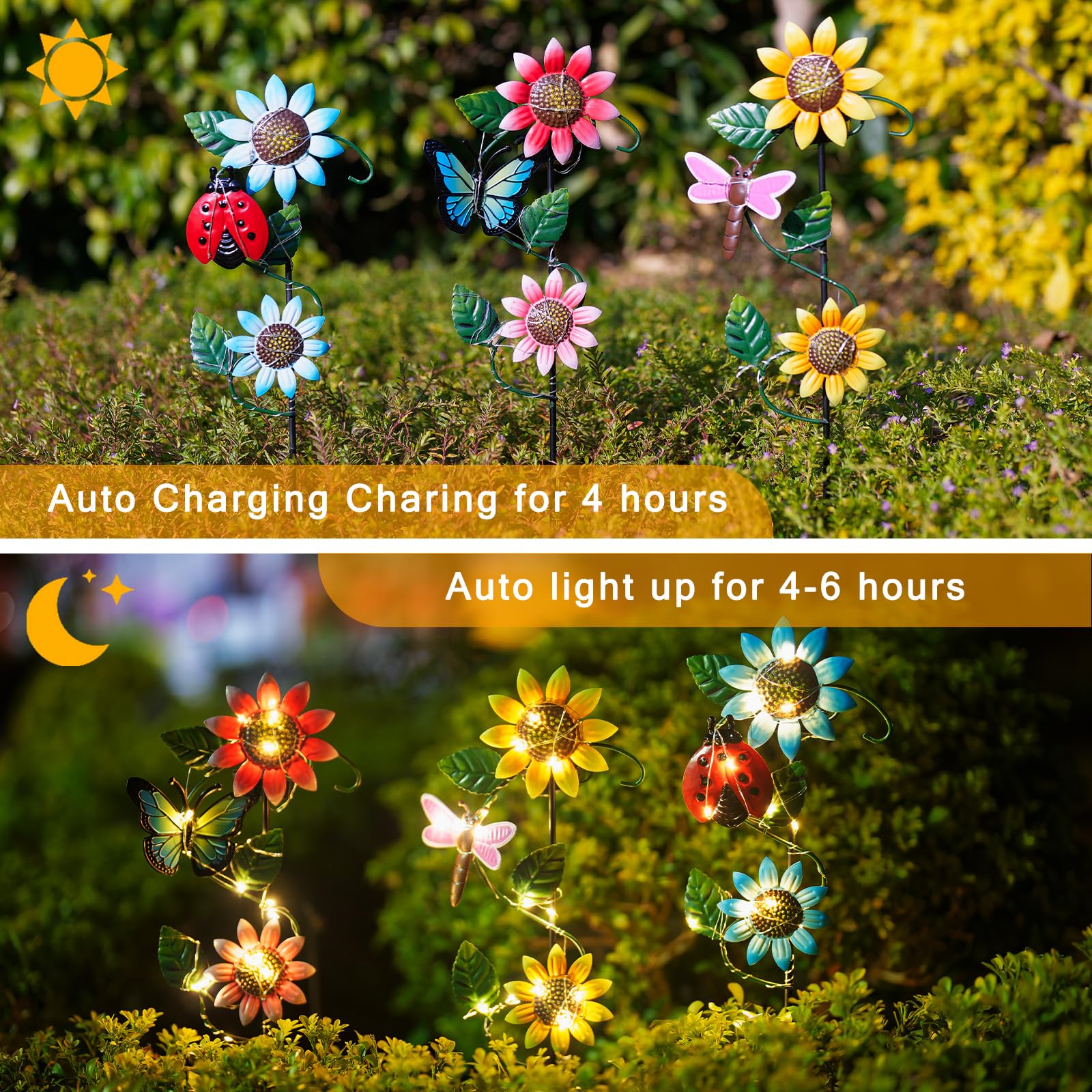 Qipade 3 Pack Solar Garden Light, Sunflower & Insect Metal Solar Stake Lights, Outdoor Statues Figurine Lights For Spring Garden Lawn Patio Yard Decor